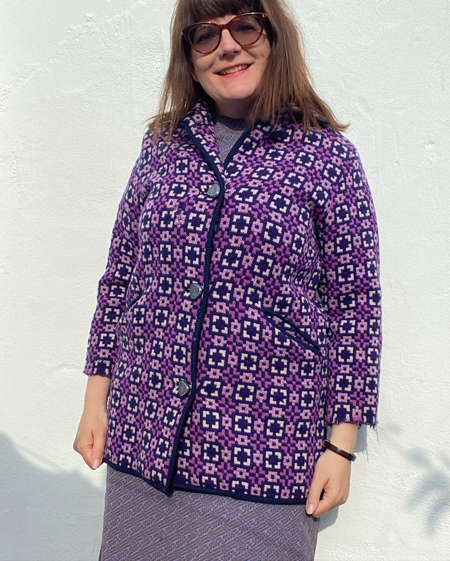 Vintage 60s Welsh wool Tapestry pea coat purple geometric print size 12 pockets Jon Ro fashions