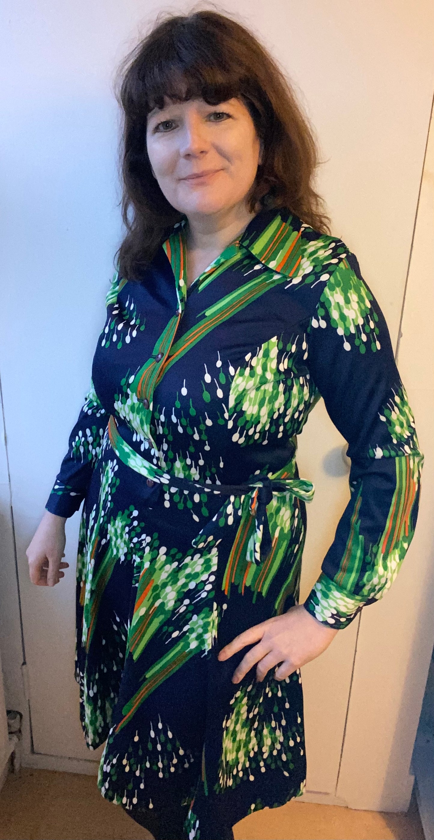 Vintage Melwine of Miami 70s blue green white print shirt dress size 16 polyester long sleeves