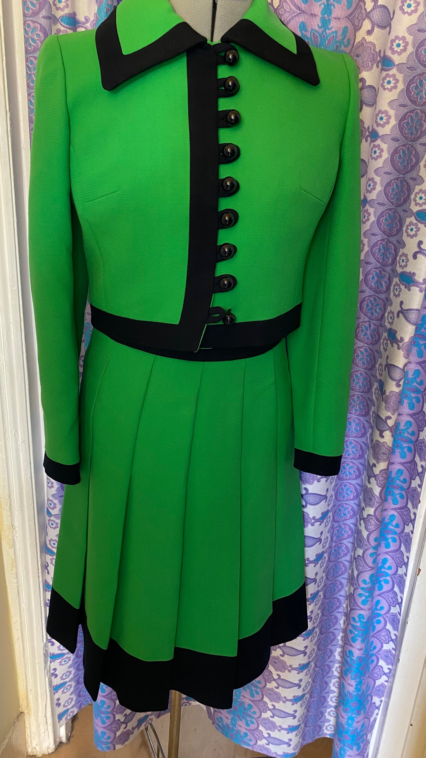 Vintage Mansfiled green black 60s 70s jacket dress suit two piece wool size 8 10