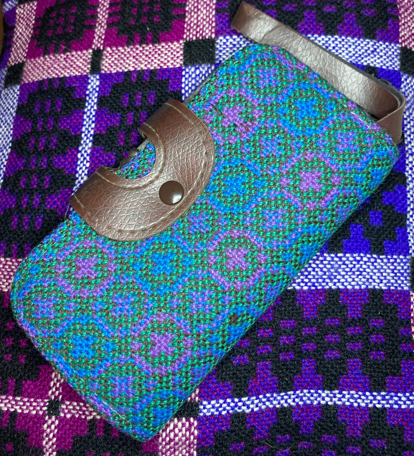 Vintage light Blue pink Leather & Welsh Wool Tapestry Clutch purse large