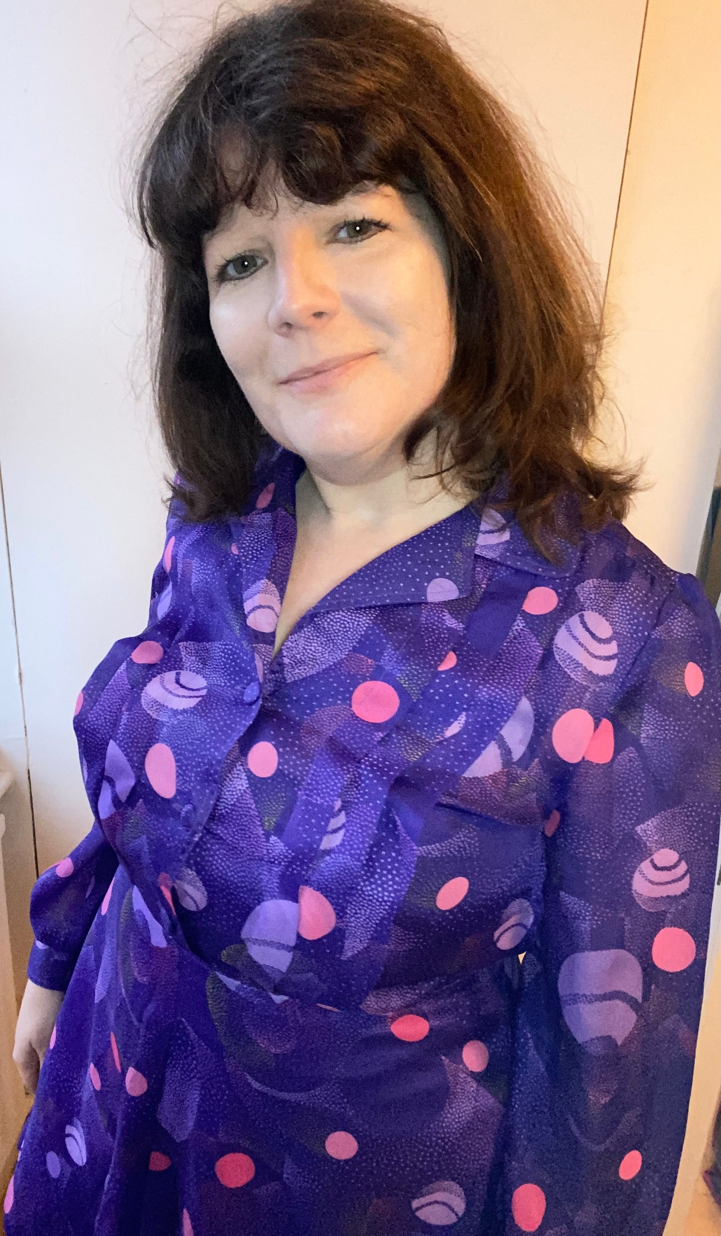 Vintage Diolen 70s purple print mini dress size 16 polyester long sleeves