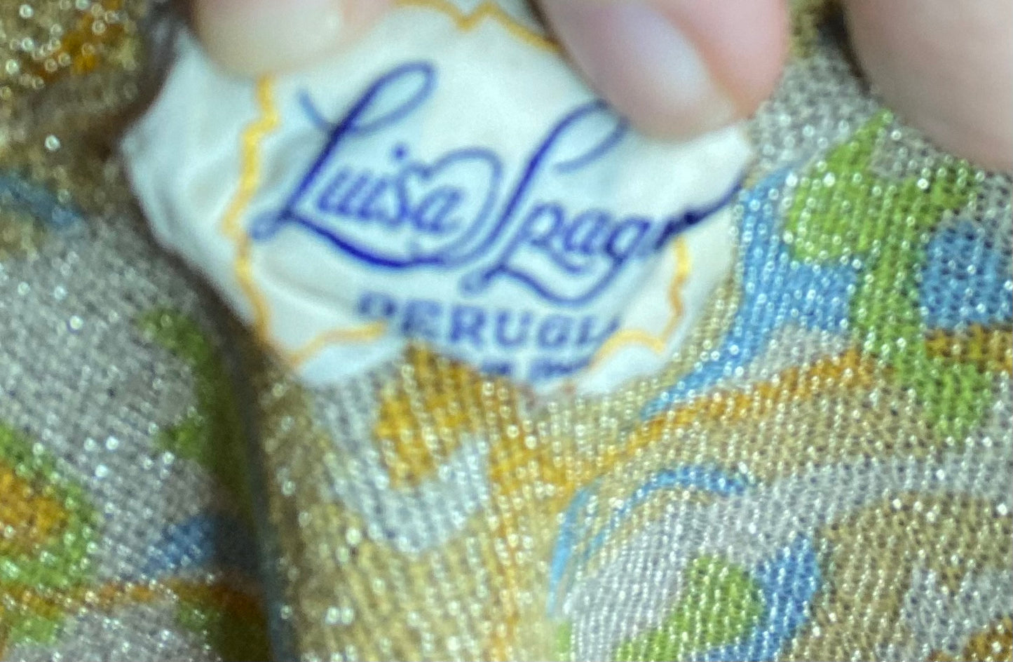 Vintage 70s 80s Luisa Spagnoli Perugia sparkly Lurex print blouse size 18 20 yellow green blue