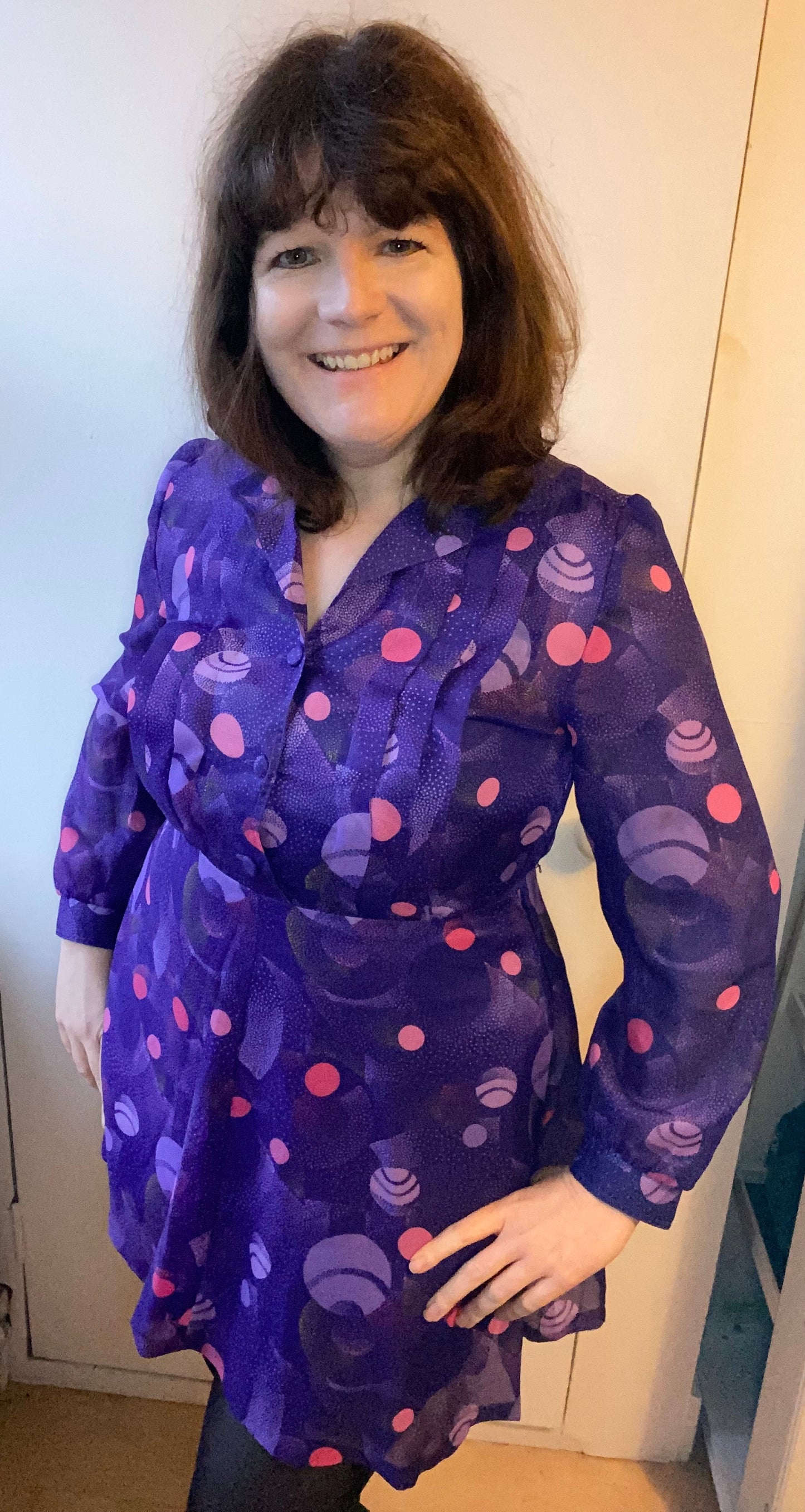 Vintage Diolen 70s purple print mini dress size 16 polyester long sleeves