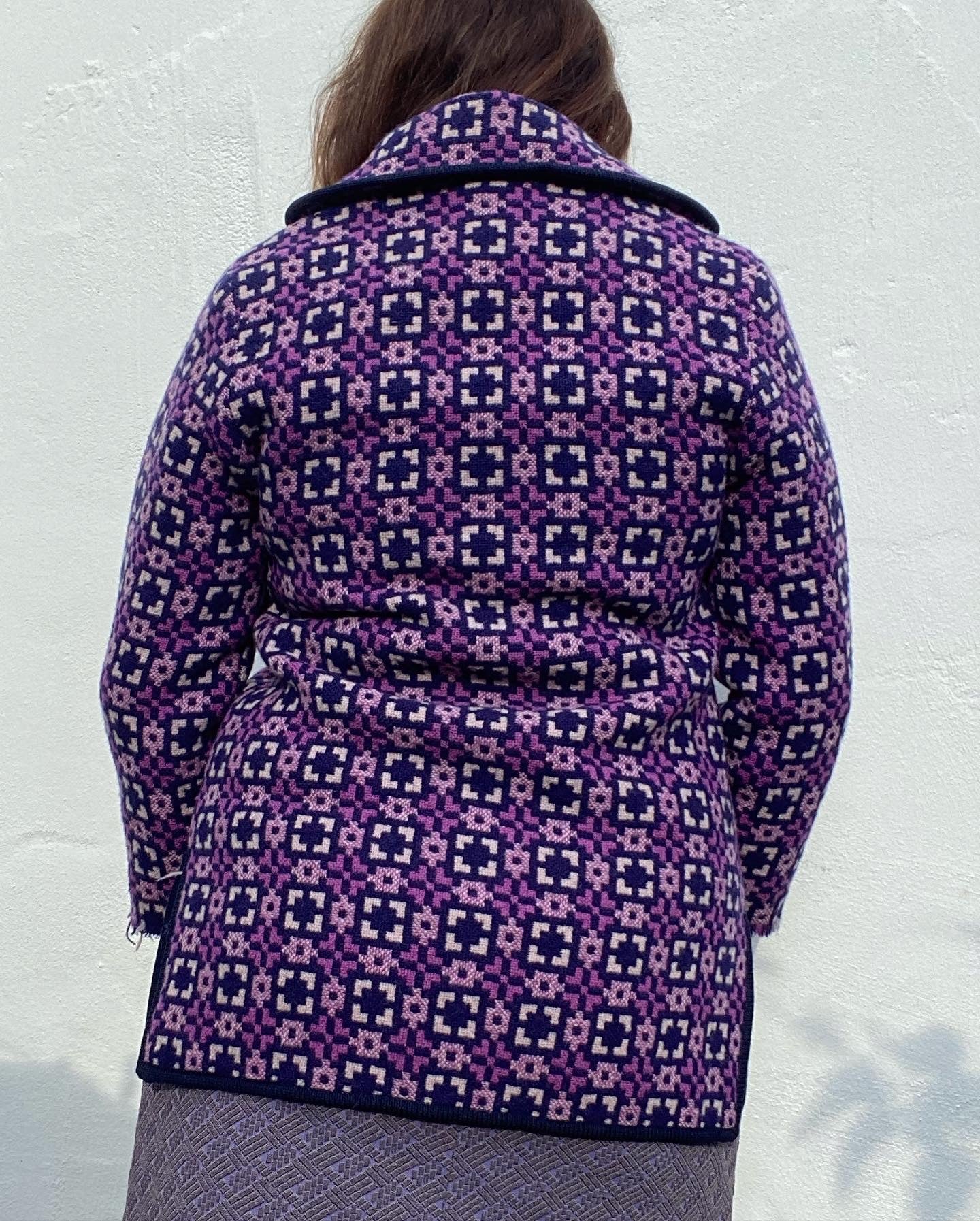 Vintage 60s Welsh wool Tapestry pea coat purple geometric print size 12 pockets Jon Ro fashions