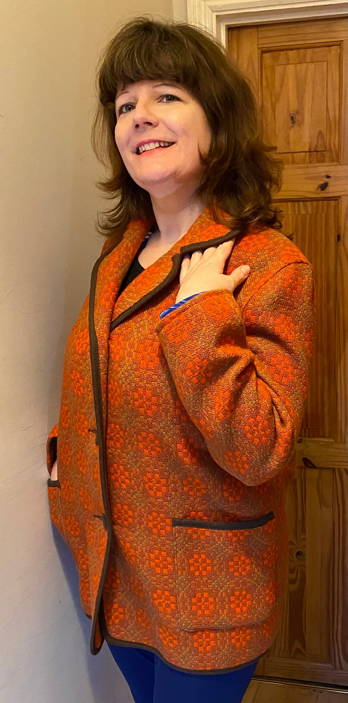 Vintage 60s orange Eclipse print Welsh Wool Tapestry pea coat jacket buttons pockets size 18 20