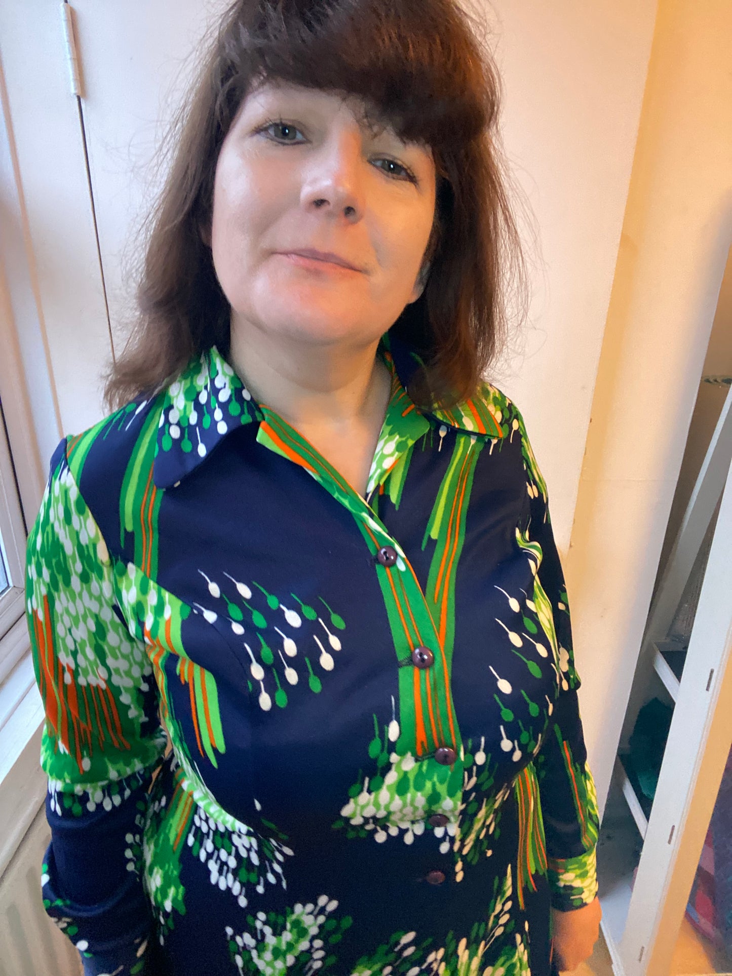 Vintage Melwine of Miami 70s blue green white print shirt dress size 16 polyester long sleeves