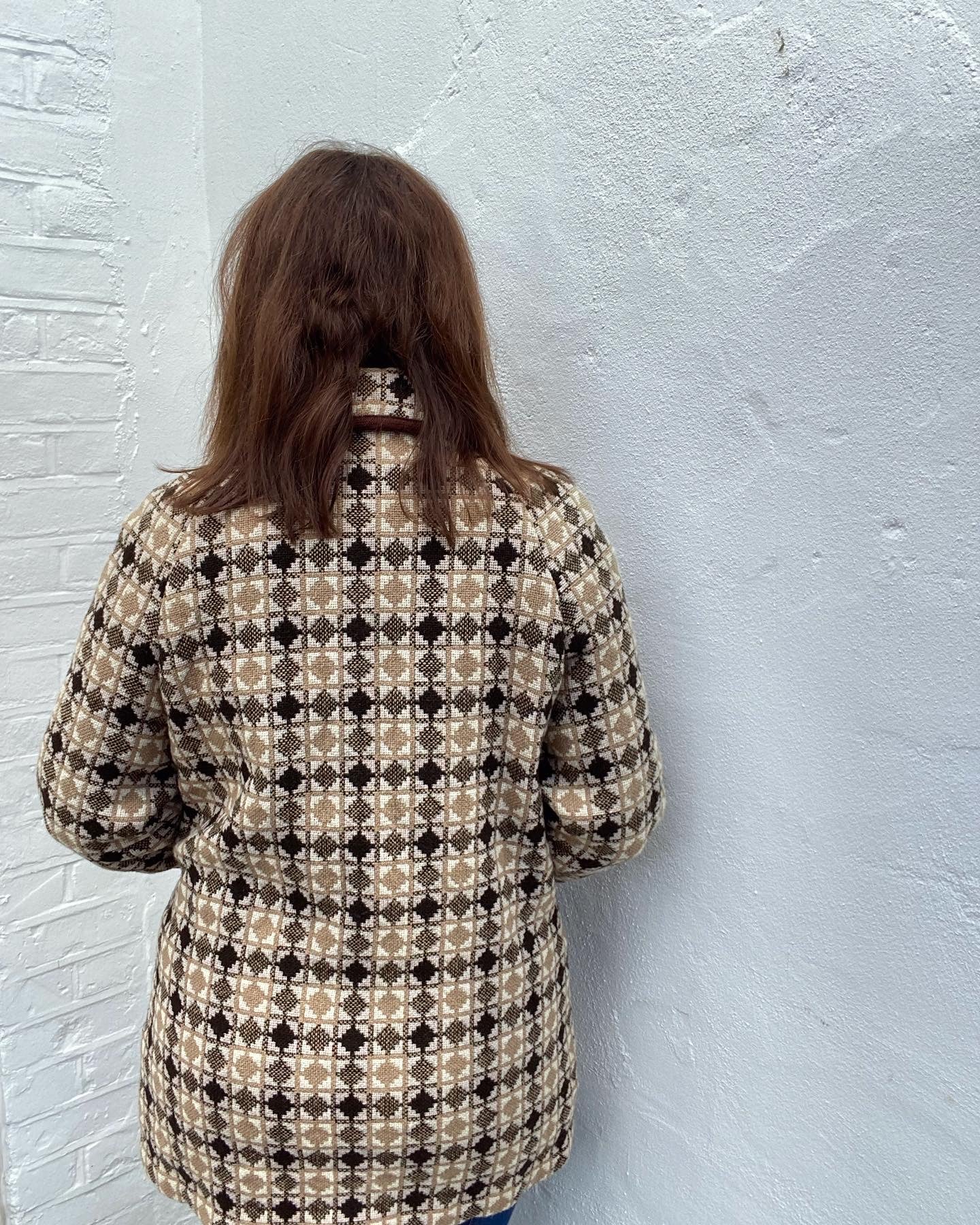 Vintage 60s Welsh wool Tapestry pea coat cream black brown grey size 14