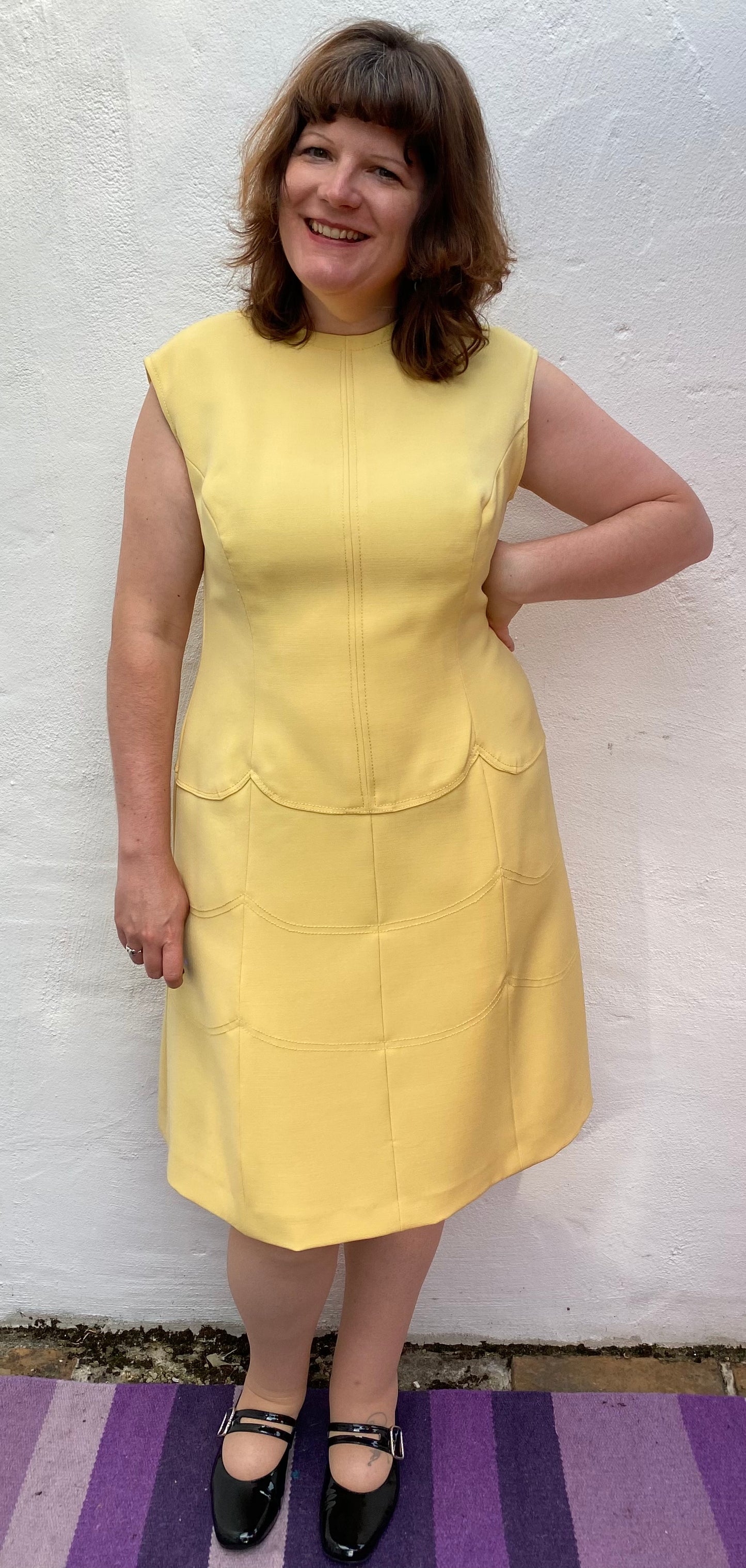 Vintage yellow 60s dress jacket suit black buttons two piece scallop detail handmade no label size 16