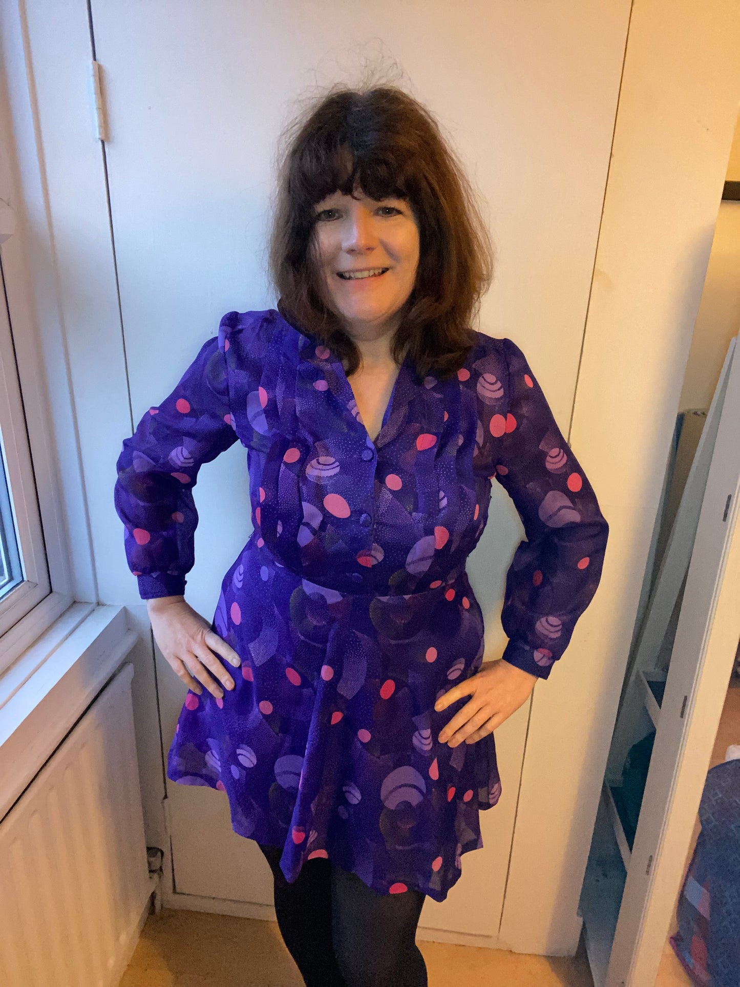 Vintage Diolen 70s purple print mini dress size 16 polyester long sleeves