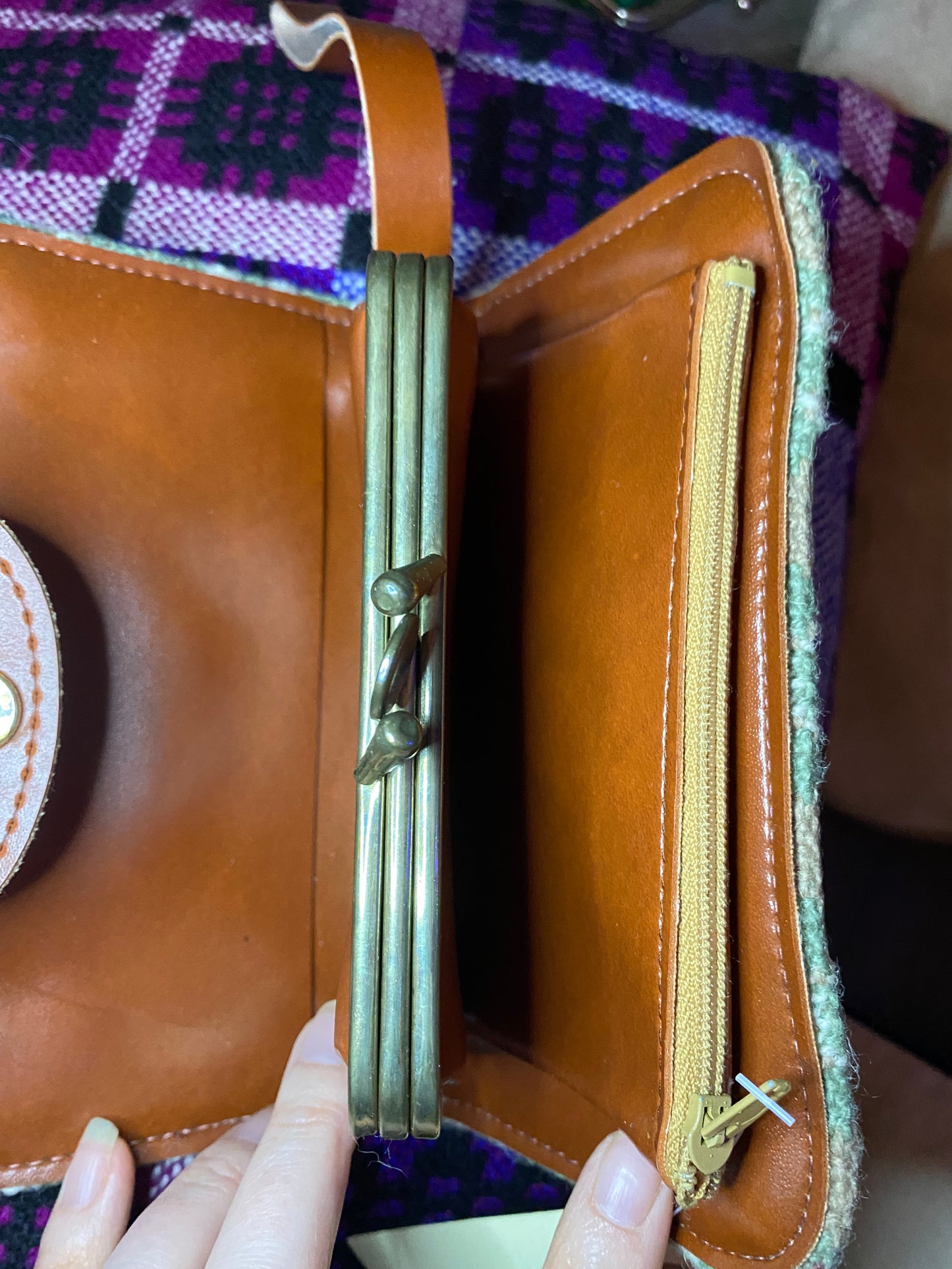 Vintage grey cream Leather & Welsh Wool Tapestry Clutch purse Brynkir print