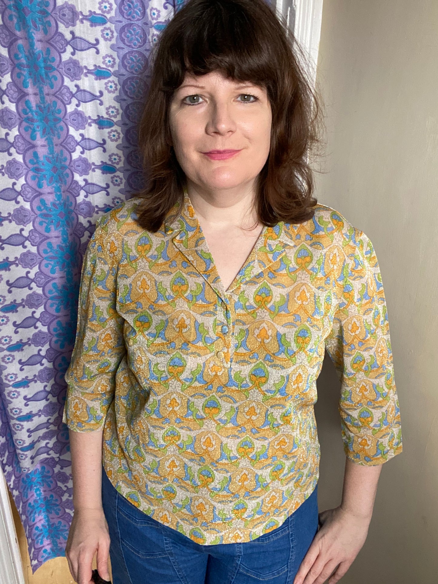 Vintage 70s 80s Luisa Spagnoli Perugia sparkly Lurex print blouse size 18 20 yellow green blue