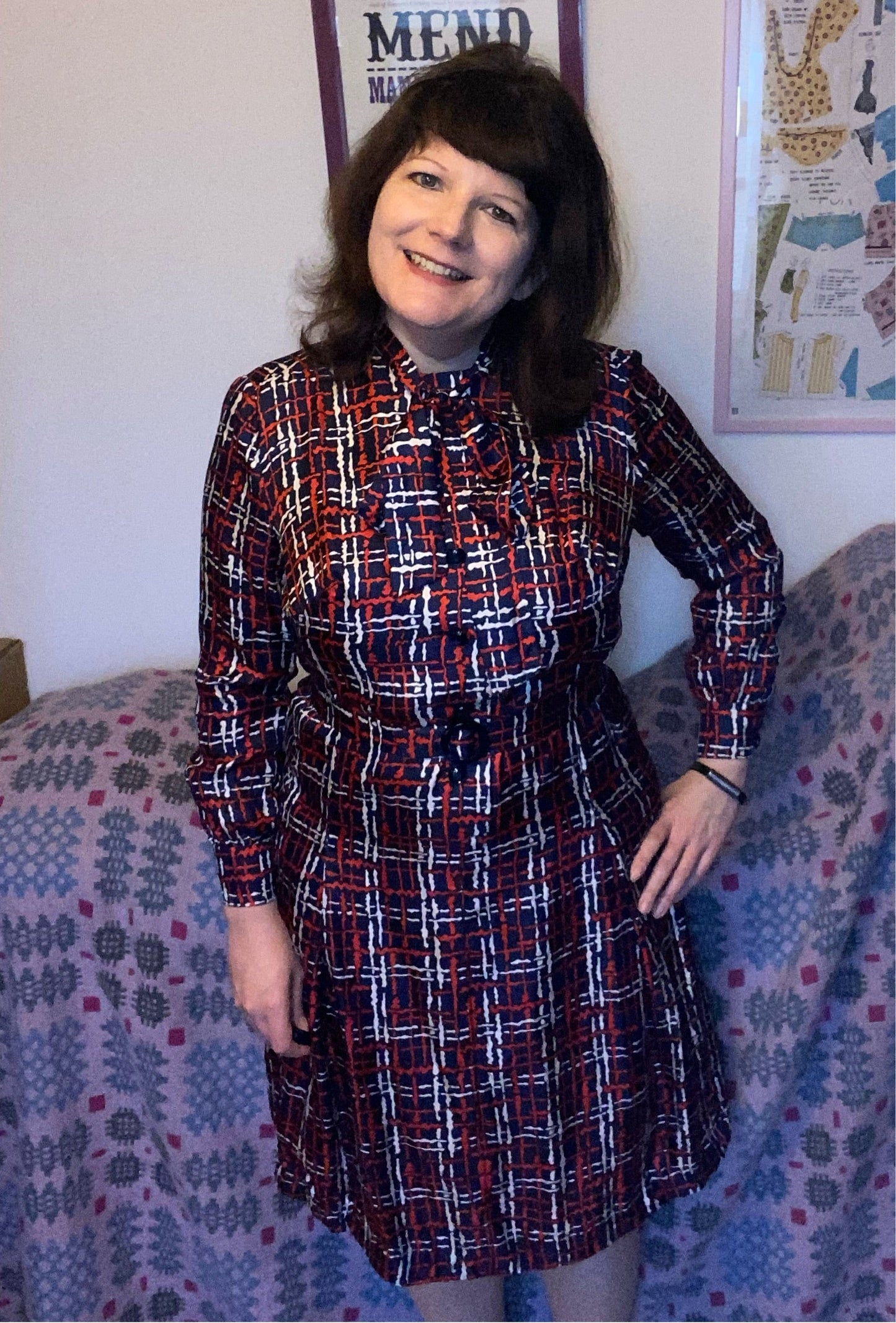 Vintage Blue red handmade pussybow 80s dress size 16 18