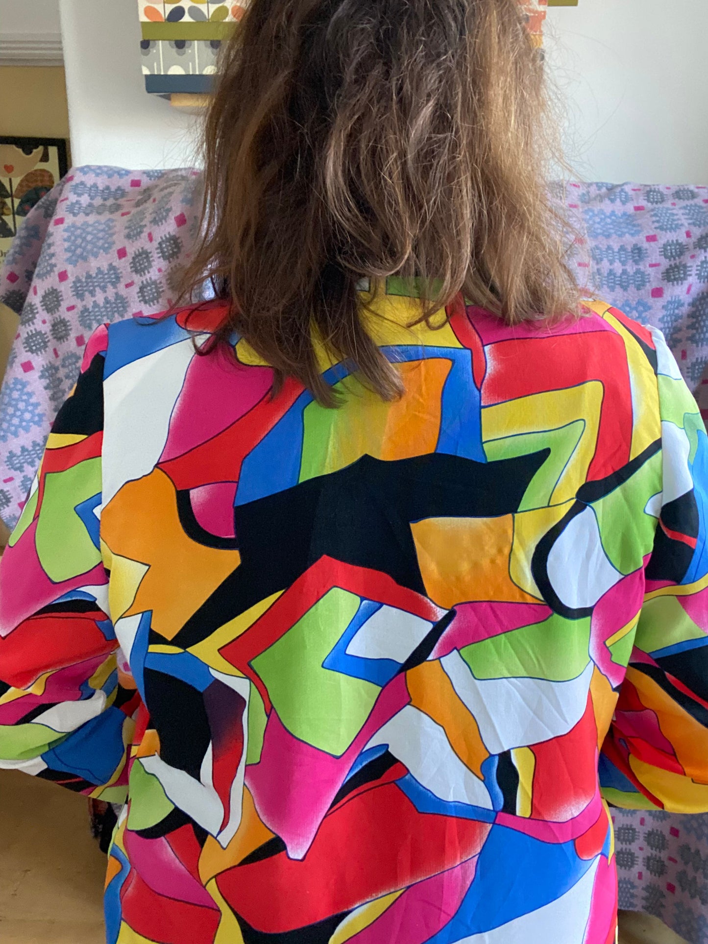 Vintage 80s Bright Caron multi coloured long jacket size 12 14