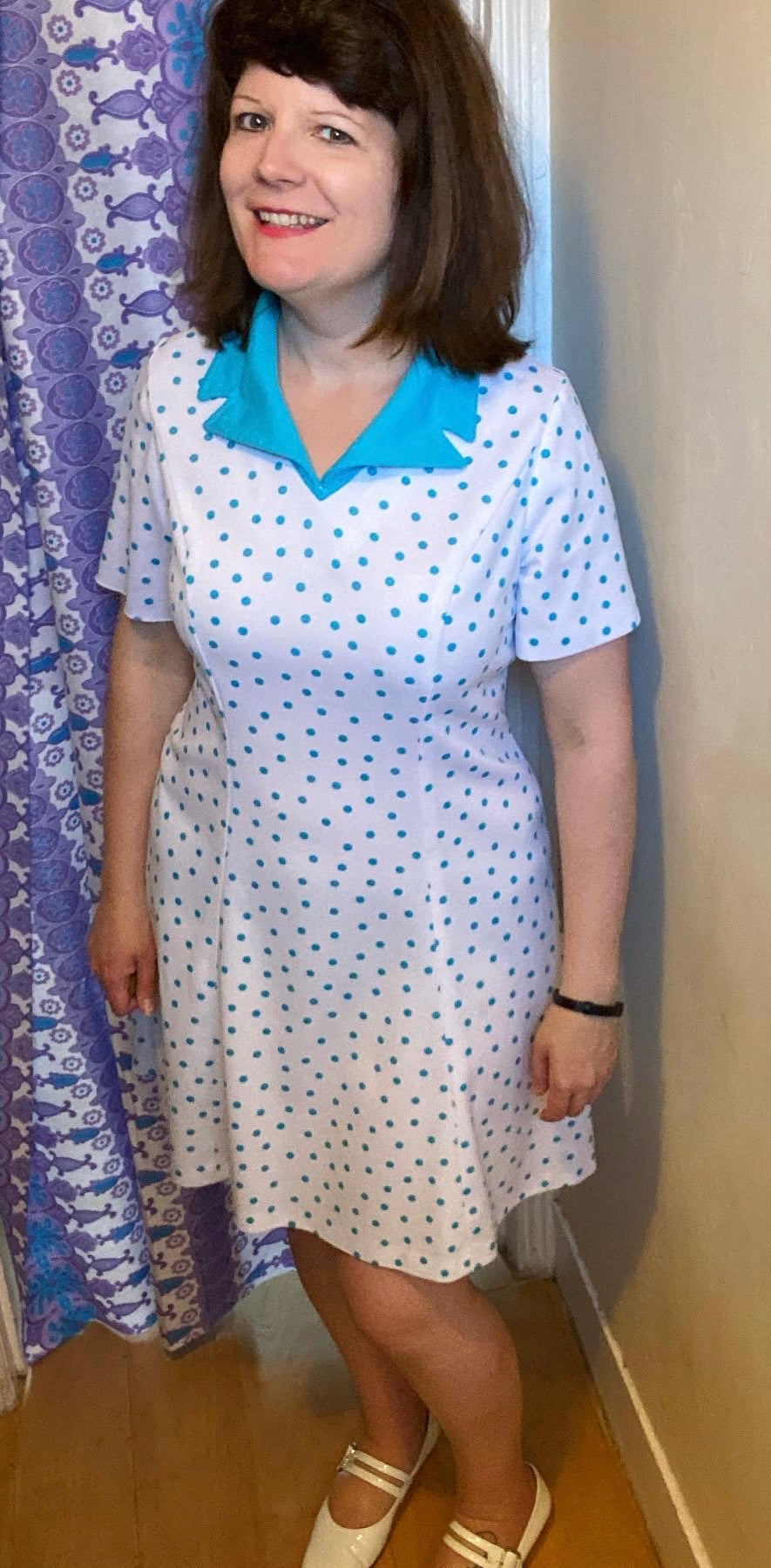 Vintage Turquoise polka dot 70s polyester mini dress size 16