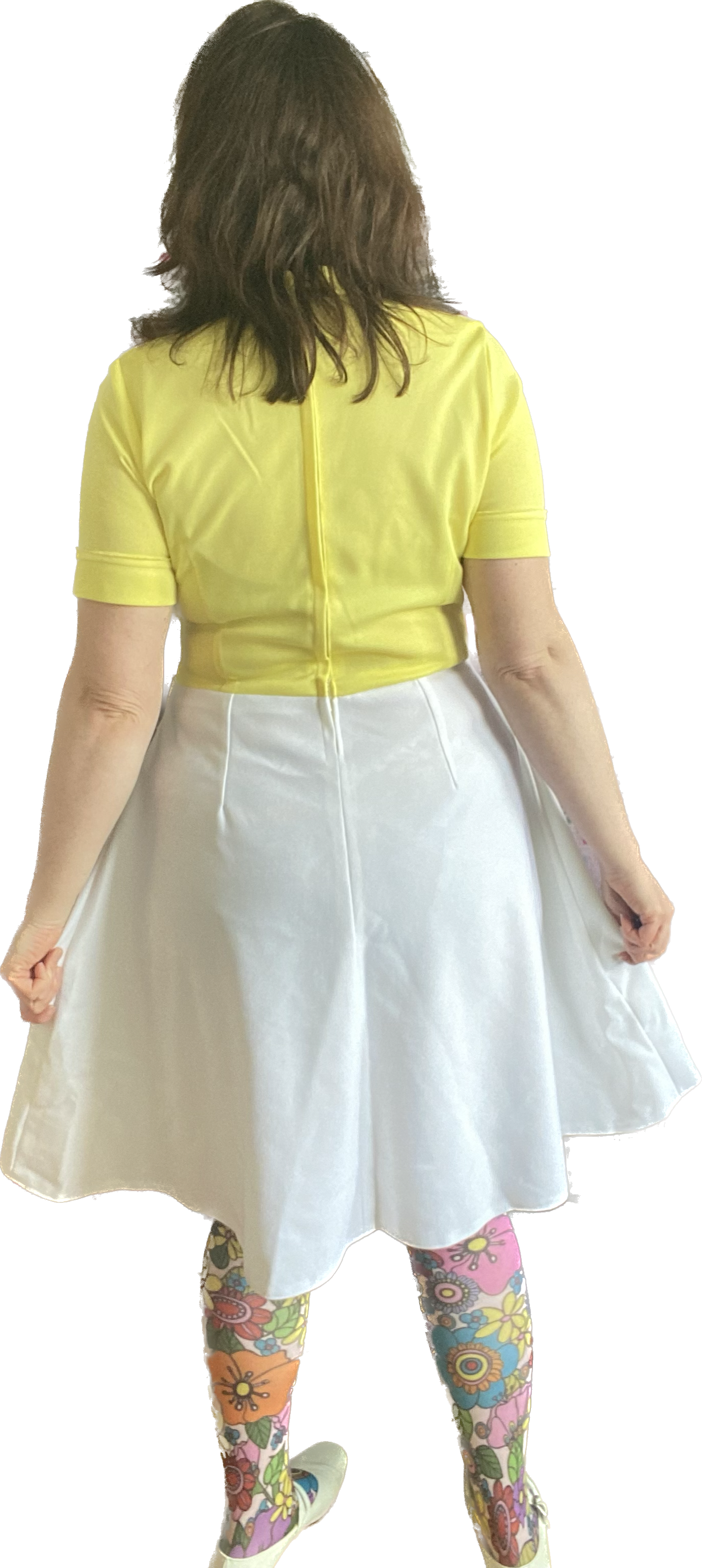 Vintage White yellow 60s polyester short sleeve high neck midi dress size 16 18