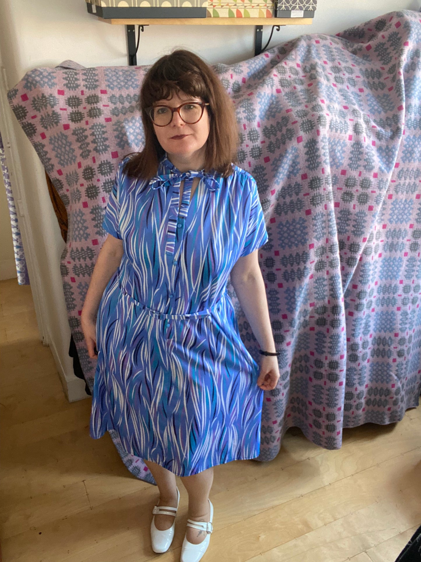 Vintage Richard stump blue stripe print pussy bow 80s dress size 18