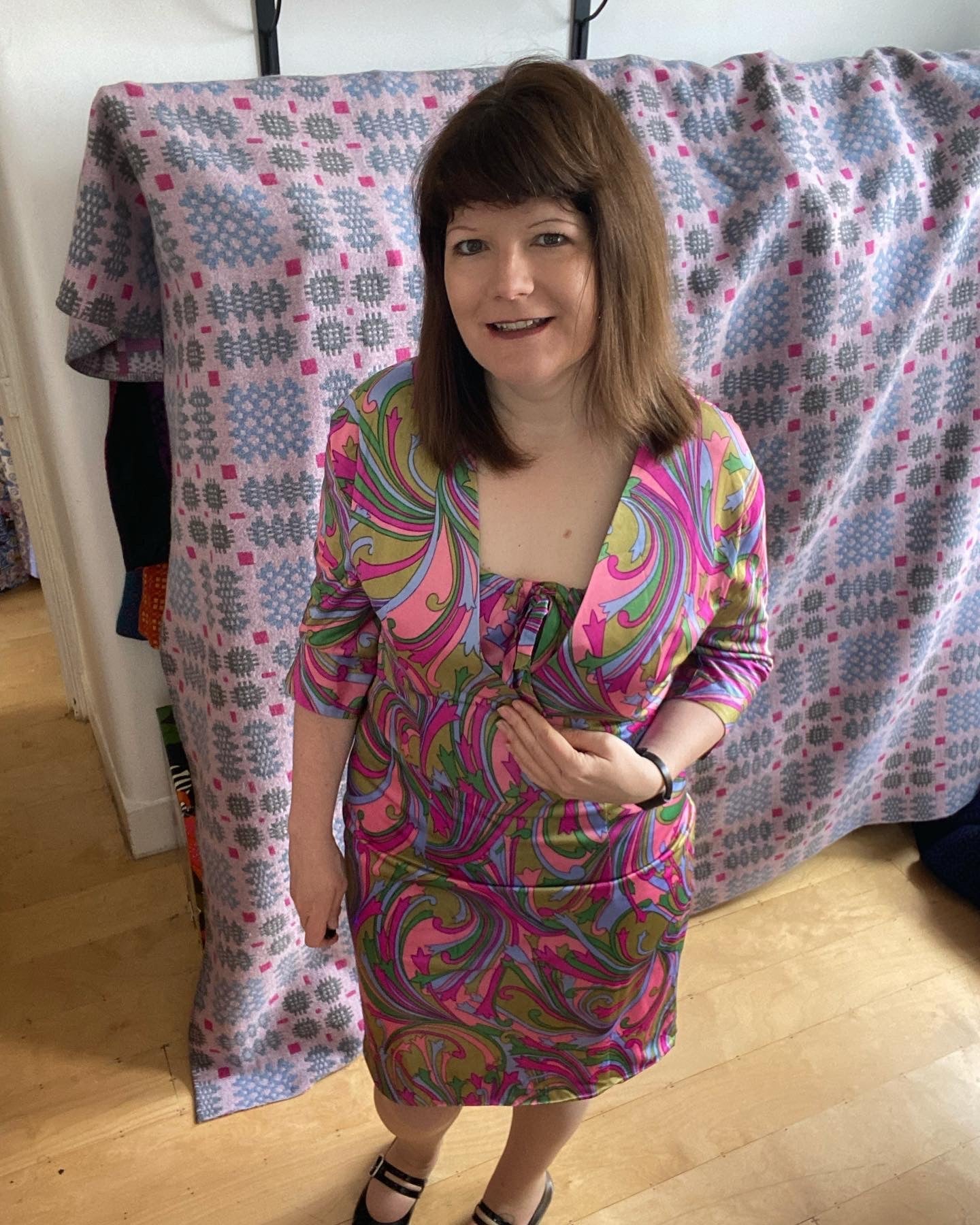 Vintage Pink Green Swirly psychadelic print strappy dress & jacket handmade 60s suit size 14
