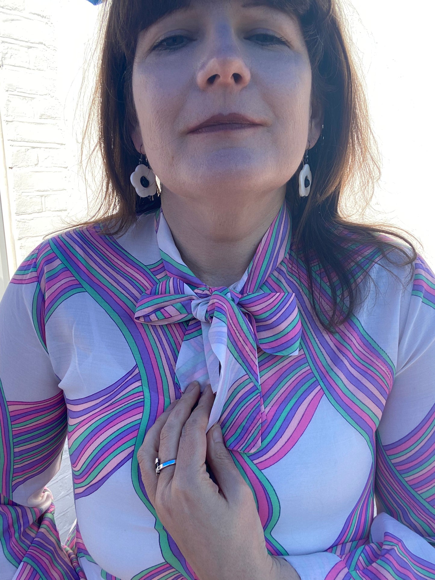 Vintage 70s pussy bow cotton & polyester blouse from Co-Op lilac white print size 10 12