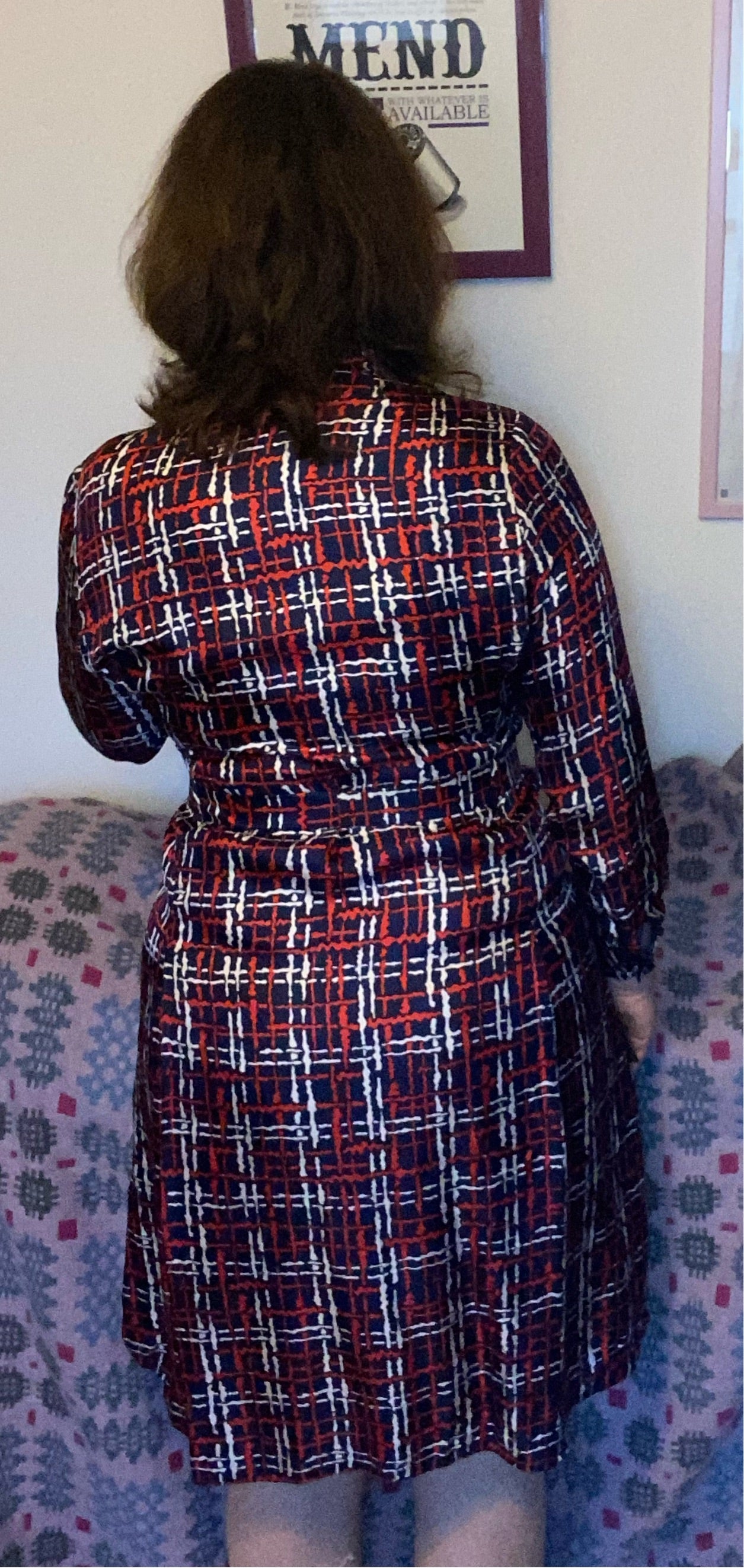Vintage Blue red handmade pussybow 80s dress size 16 18
