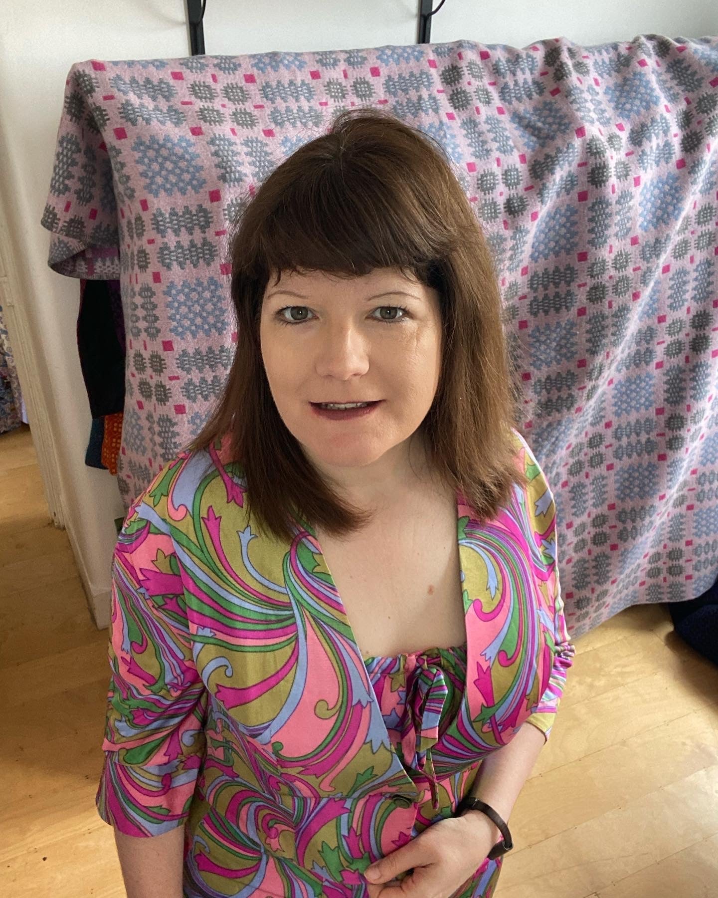 Vintage Pink Green Swirly psychadelic print strappy dress & jacket handmade 60s suit size 14