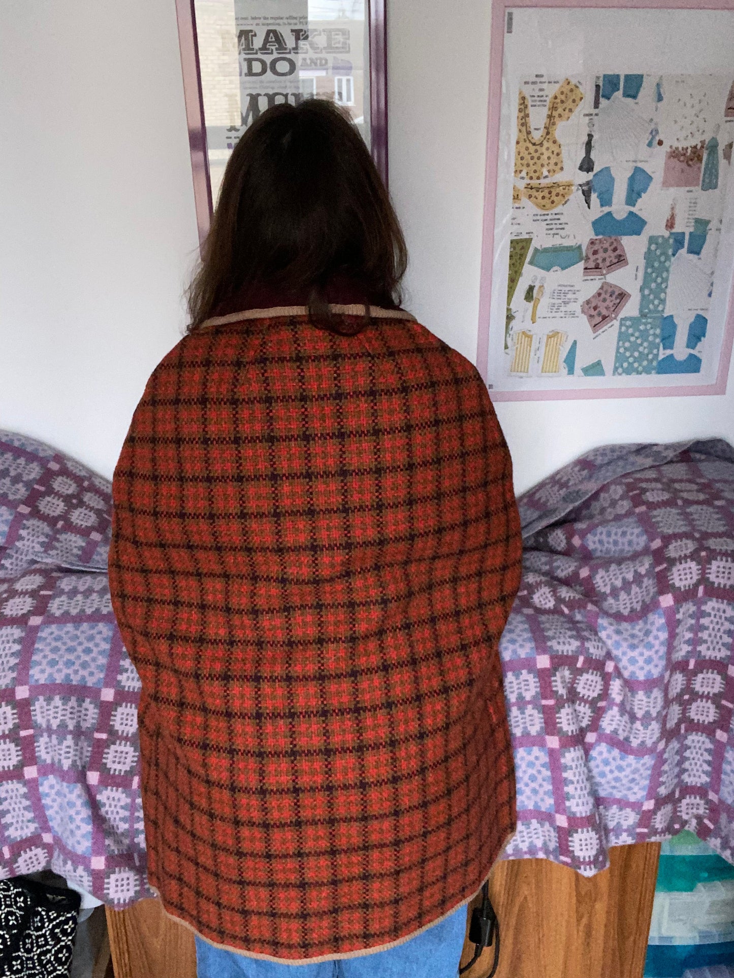 Vintage Orange brown maroon purple print reversible wool Cape size 14 16 18