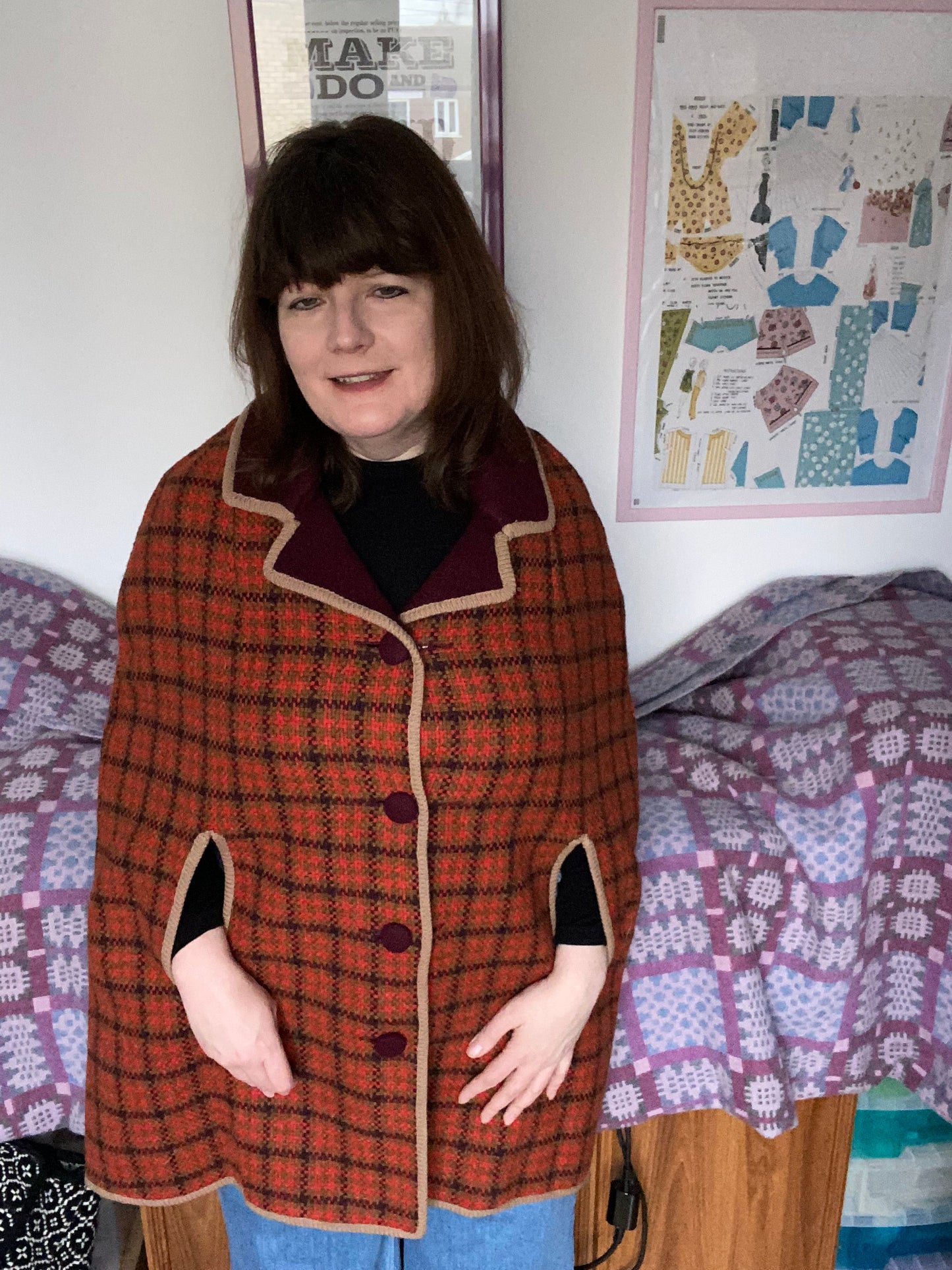Vintage Orange brown maroon purple print reversible wool Cape size 14 16 18