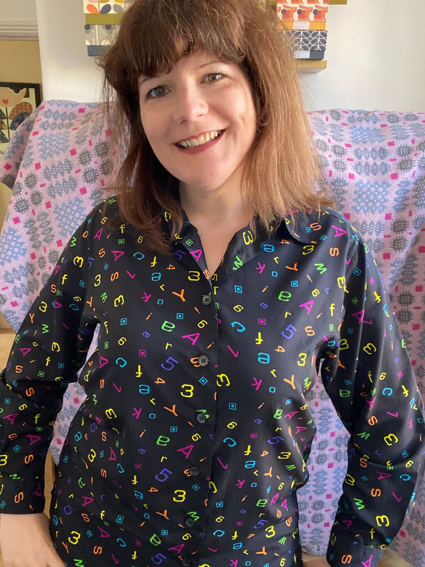 Vintage Alpha numeric 80s blouse black multi colour shirt bright size 16