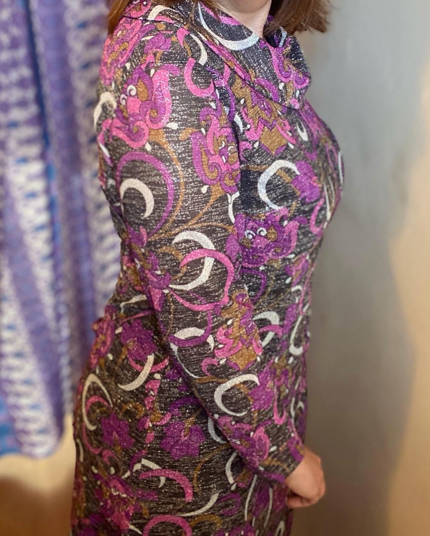 Vintage 70s Sparkly purple Ladies Pride Maxi dress long sleeve glam print size 12 14