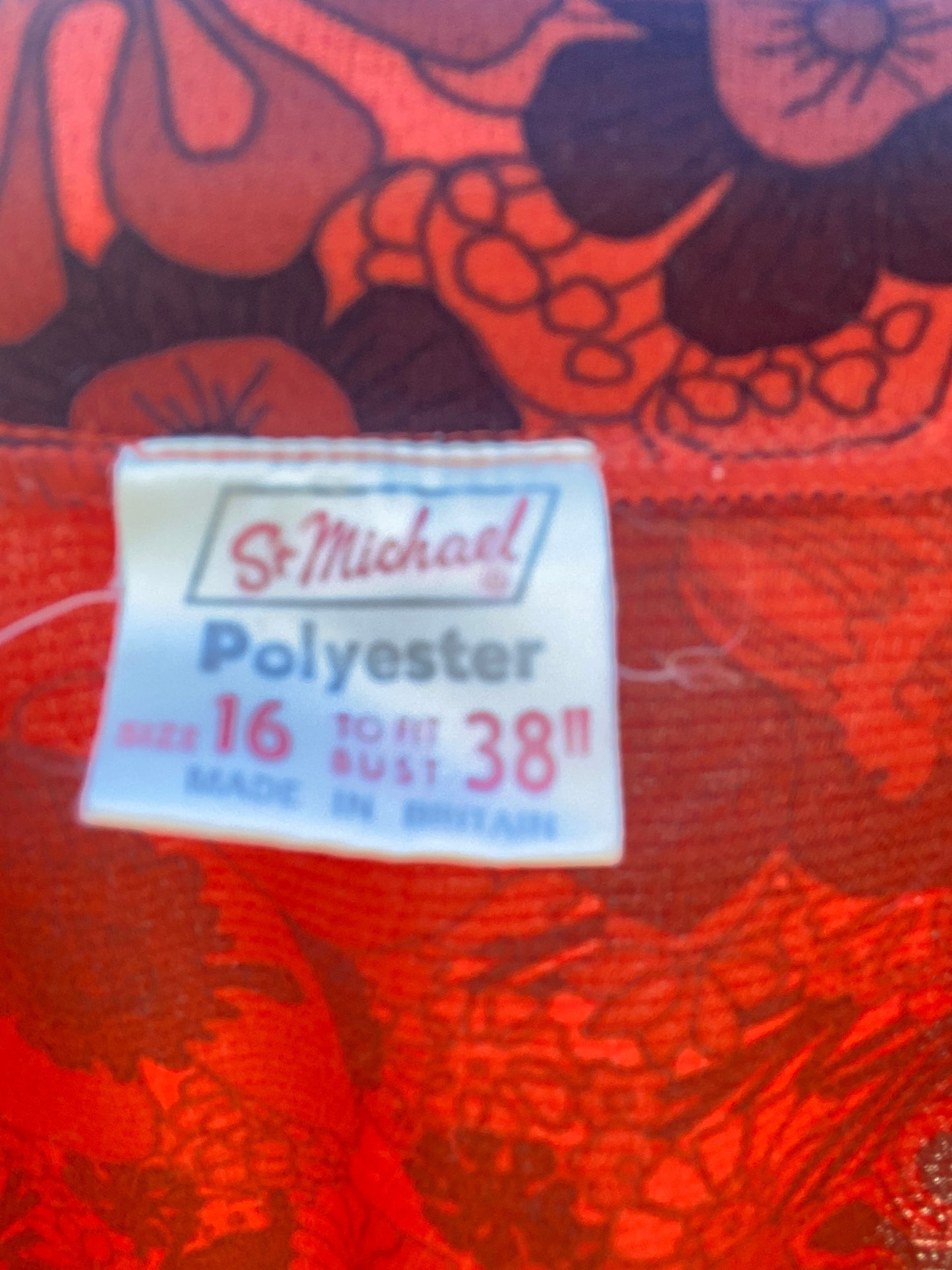 Vintage 70s red black St Michael polyester shirt collarless psychedelic print size 12 14