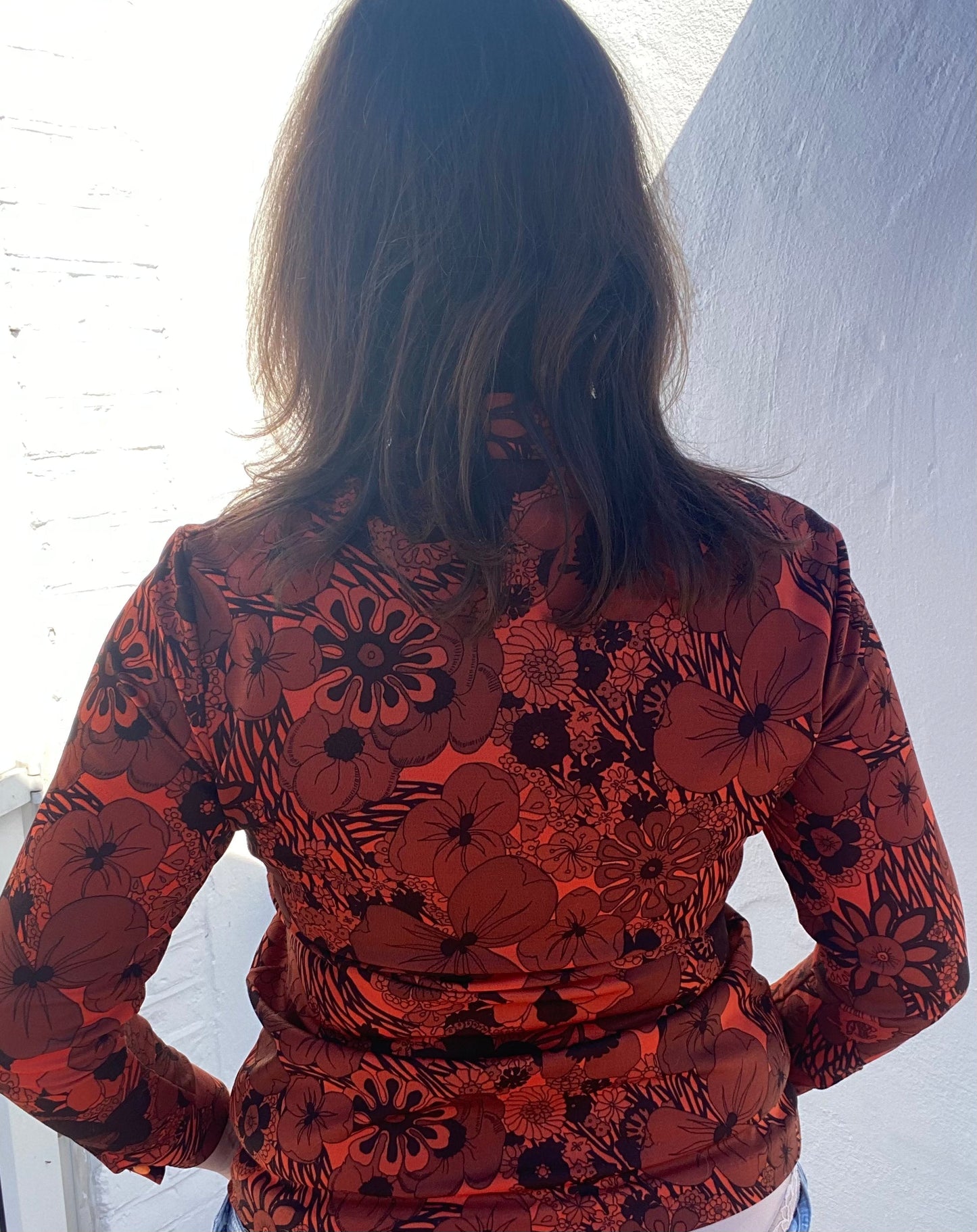 Vintage 70s red black St Michael polyester shirt collarless psychedelic print size 12 14