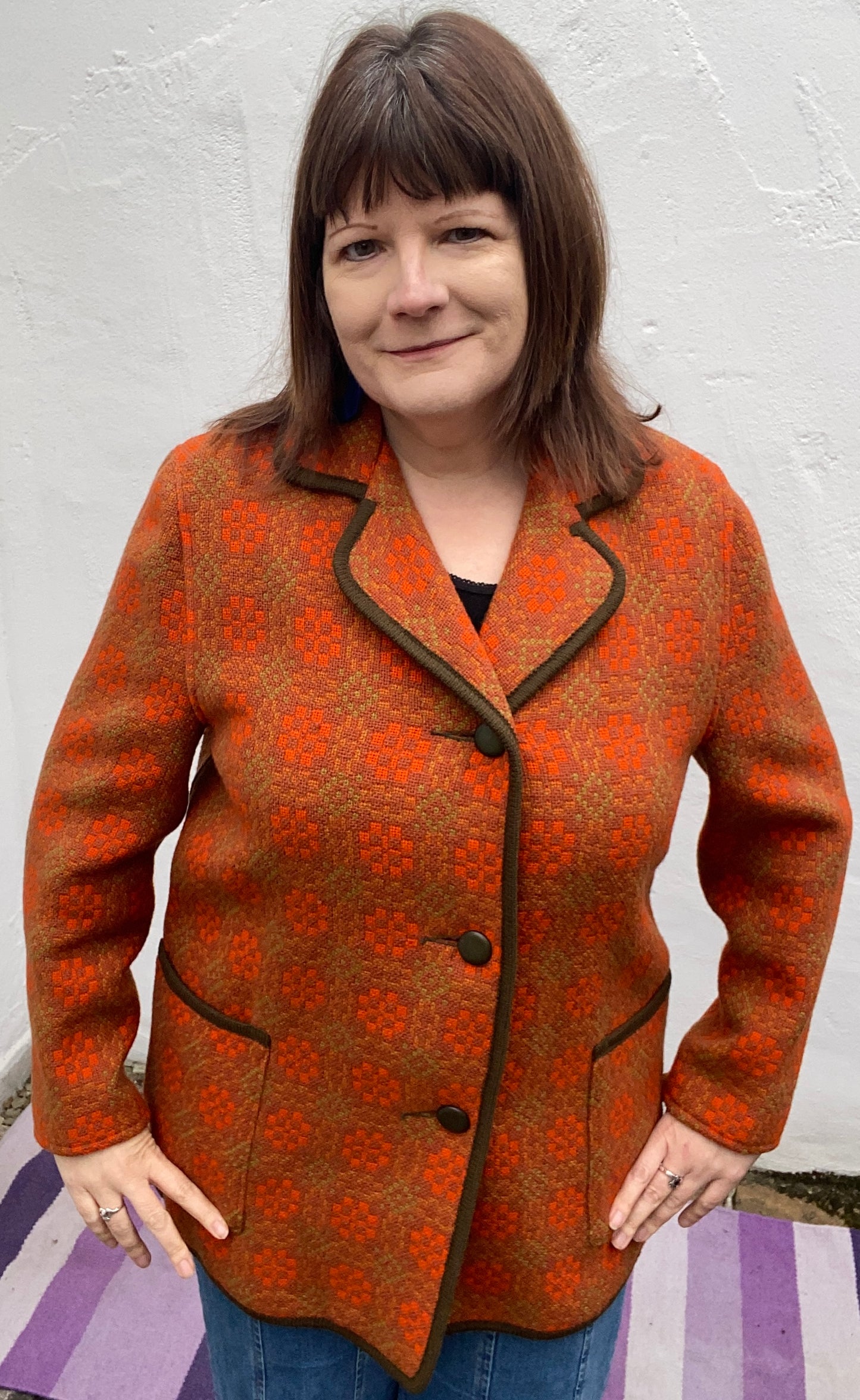 Vintage 60s orange Eclipse print Welsh Wool Tapestry pea coat jacket buttons pockets size 18 20