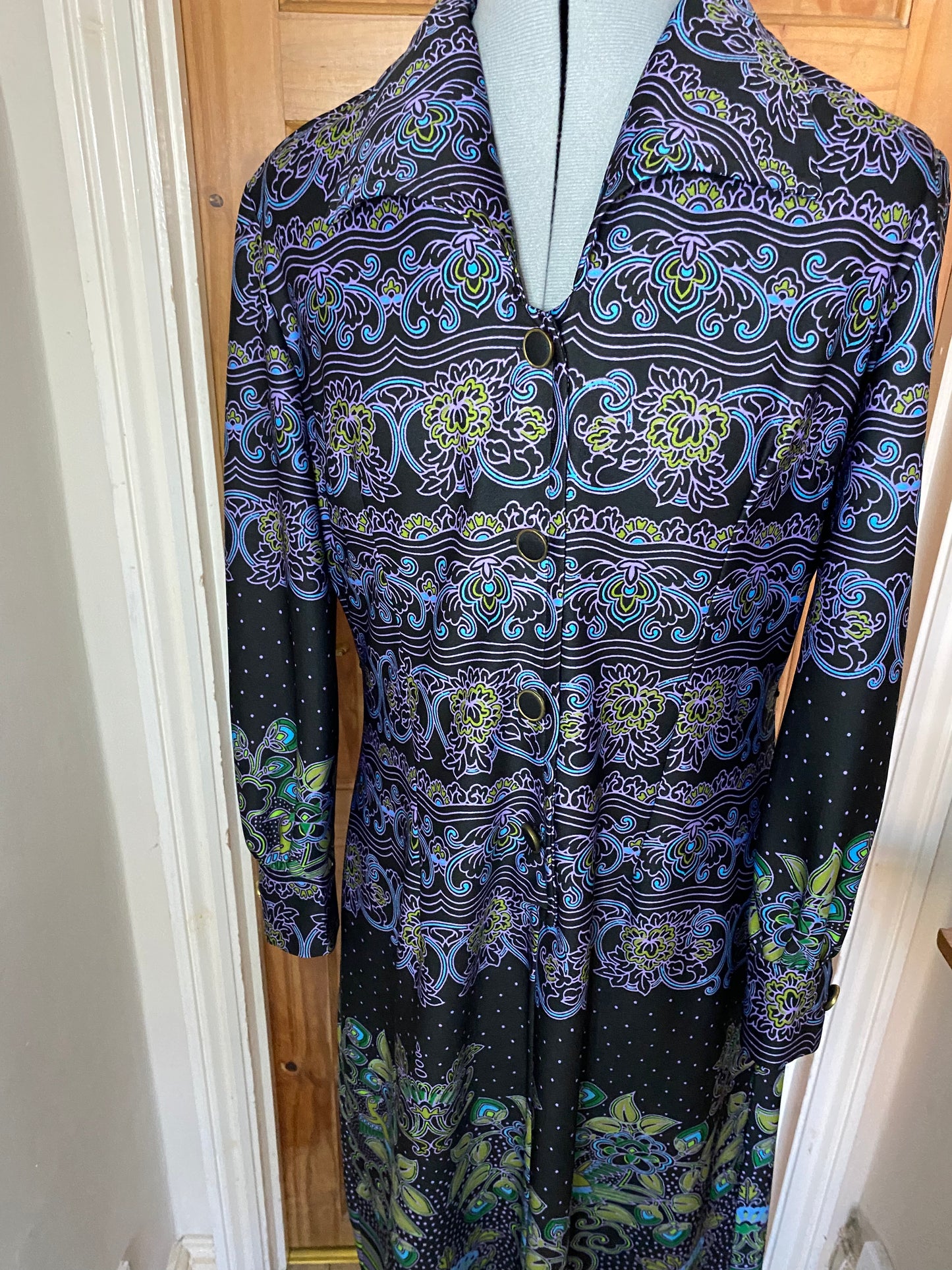 Vintage 70s polyester C&A purple blue floral print dagger collar midi shirt dress size 12