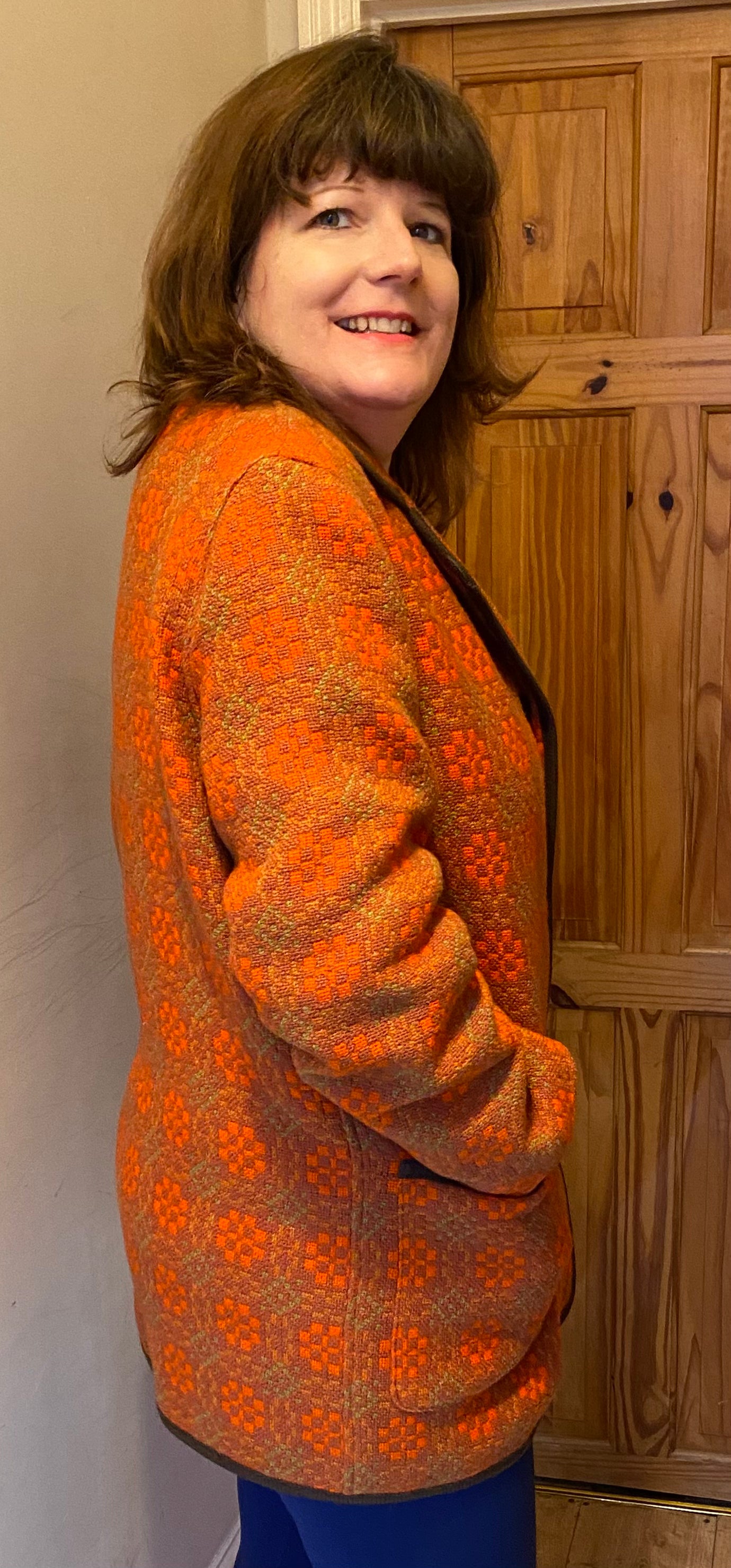 Vintage 60s orange Eclipse print Welsh Wool Tapestry pea coat jacket buttons pockets size 18 20