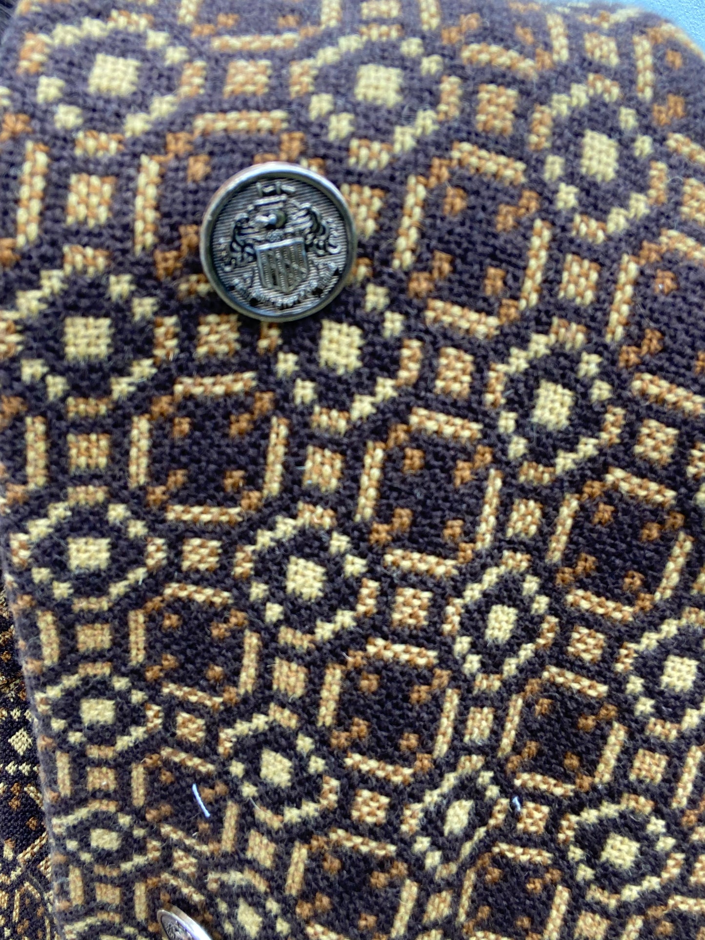 Vintage brown print long Welsh Wool Tapestry cape metal buttons size L