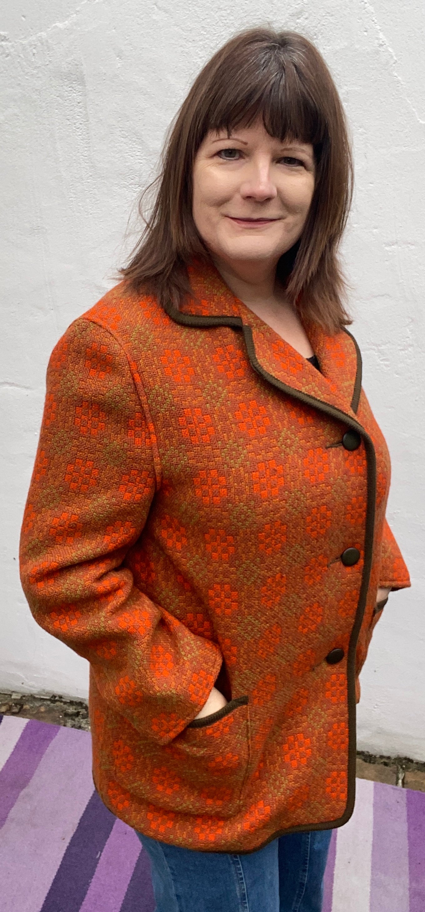 Vintage 60s orange Eclipse print Welsh Wool Tapestry pea coat jacket buttons pockets size 18 20