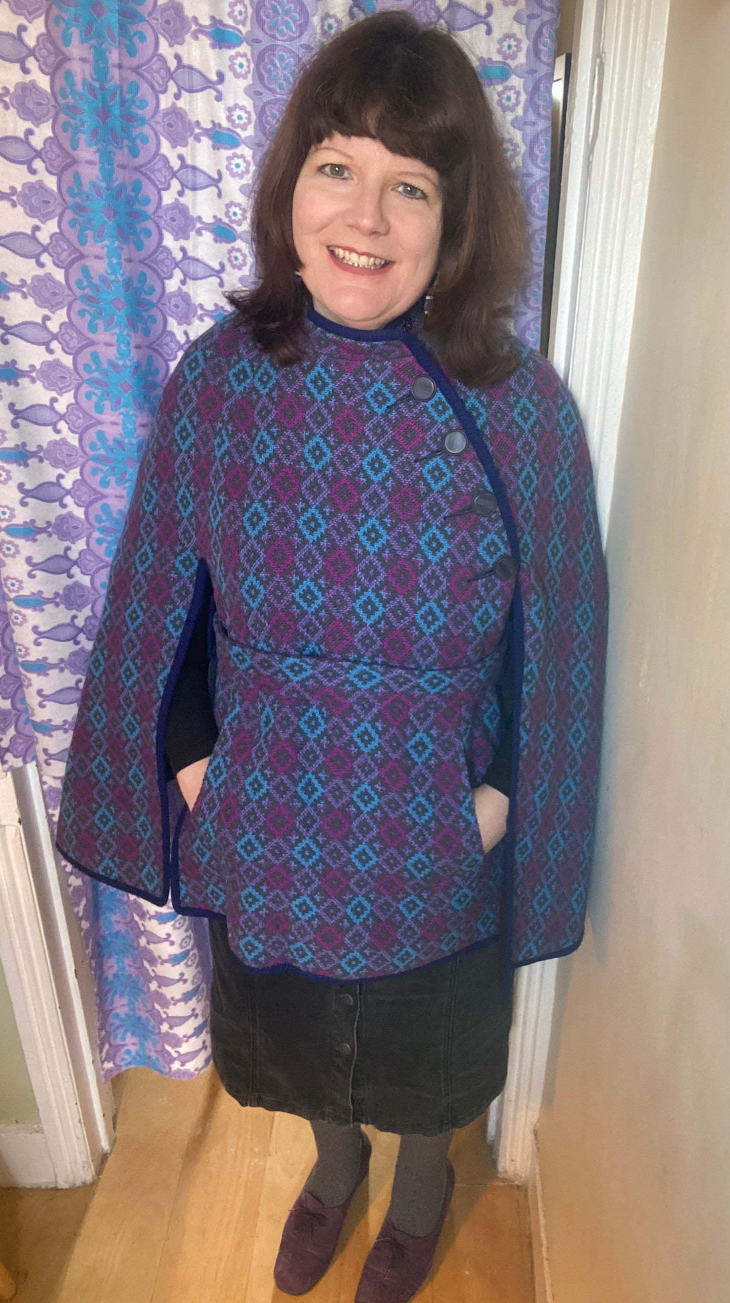 Vintage Welsh Wool Tapestry cape geometric print blue pink belt side buttons pockets up to size 14