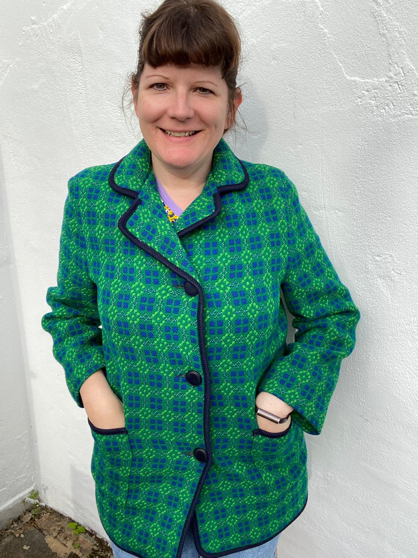 Vintage Welsh Wool Tapestry Pea coat jacket Green blue size 12 Eclipse geometric print pockets