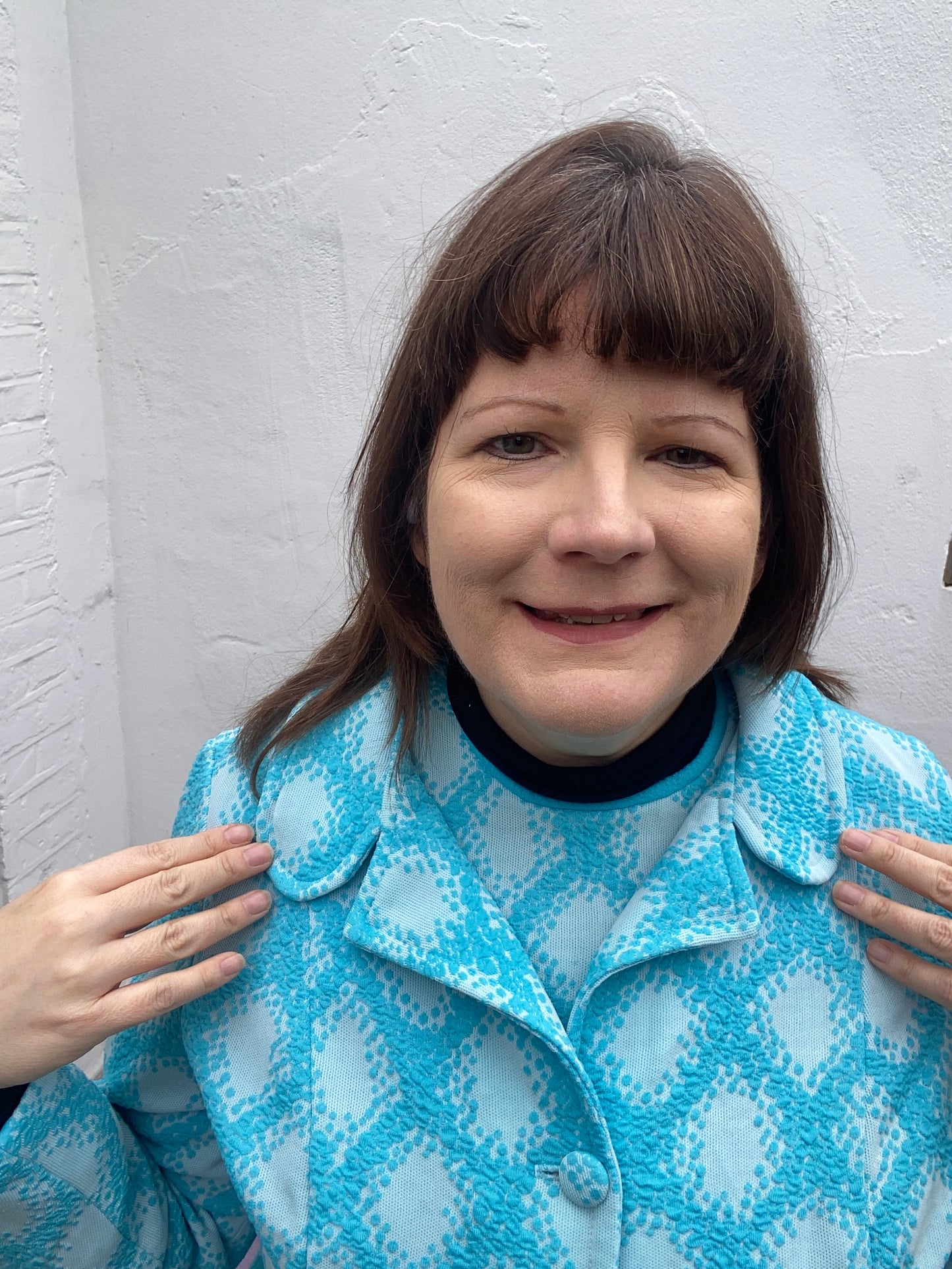 Vintage turquoise blue white print Crimplene 60s 70s coat and dress suit two piece size 18 20