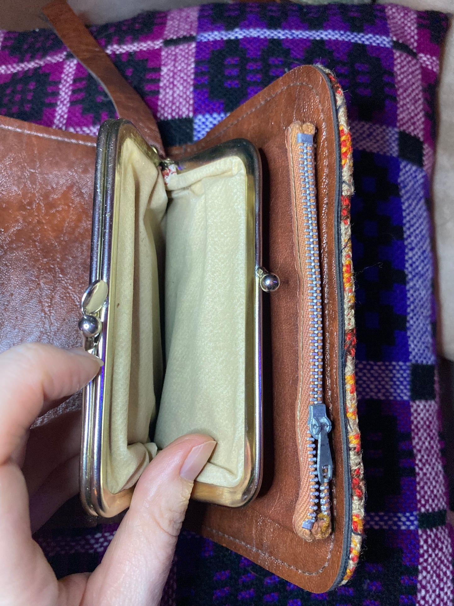 Vintage Orange brown Leather & Welsh Wool Tapestry Clutch purse Brynkir print