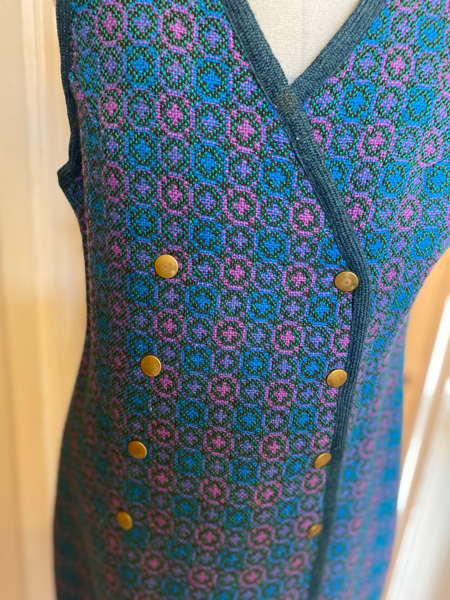 Vintage 60s Welsh wool tapestry tunic dress turquoise blue pink print double breasted size 12