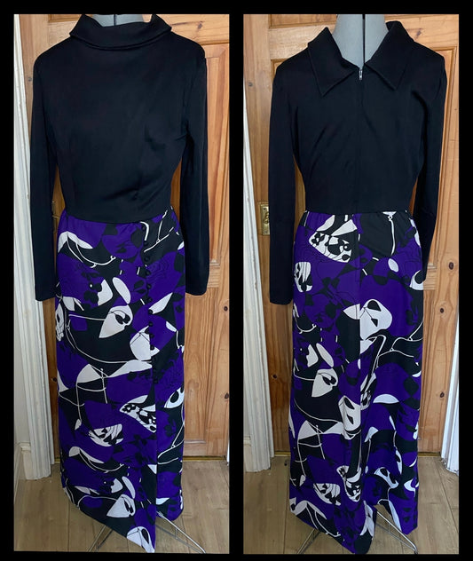 Vintage 70s polyester black purple white print long sleeve maxi dress split buttons size 14