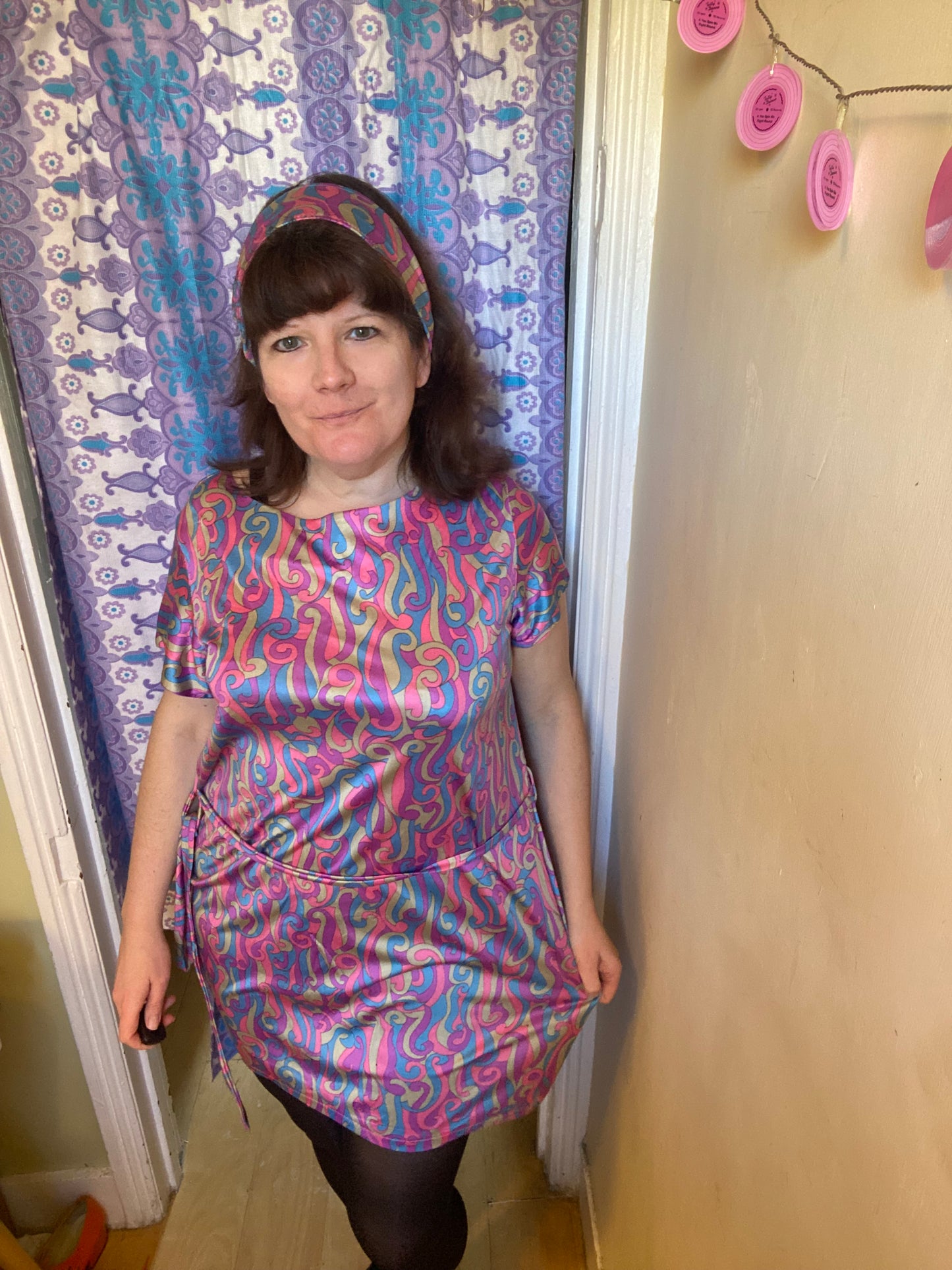 Vintage 60s Psychadelic pink blue print mini dress size 20 22 with matching belt & headband