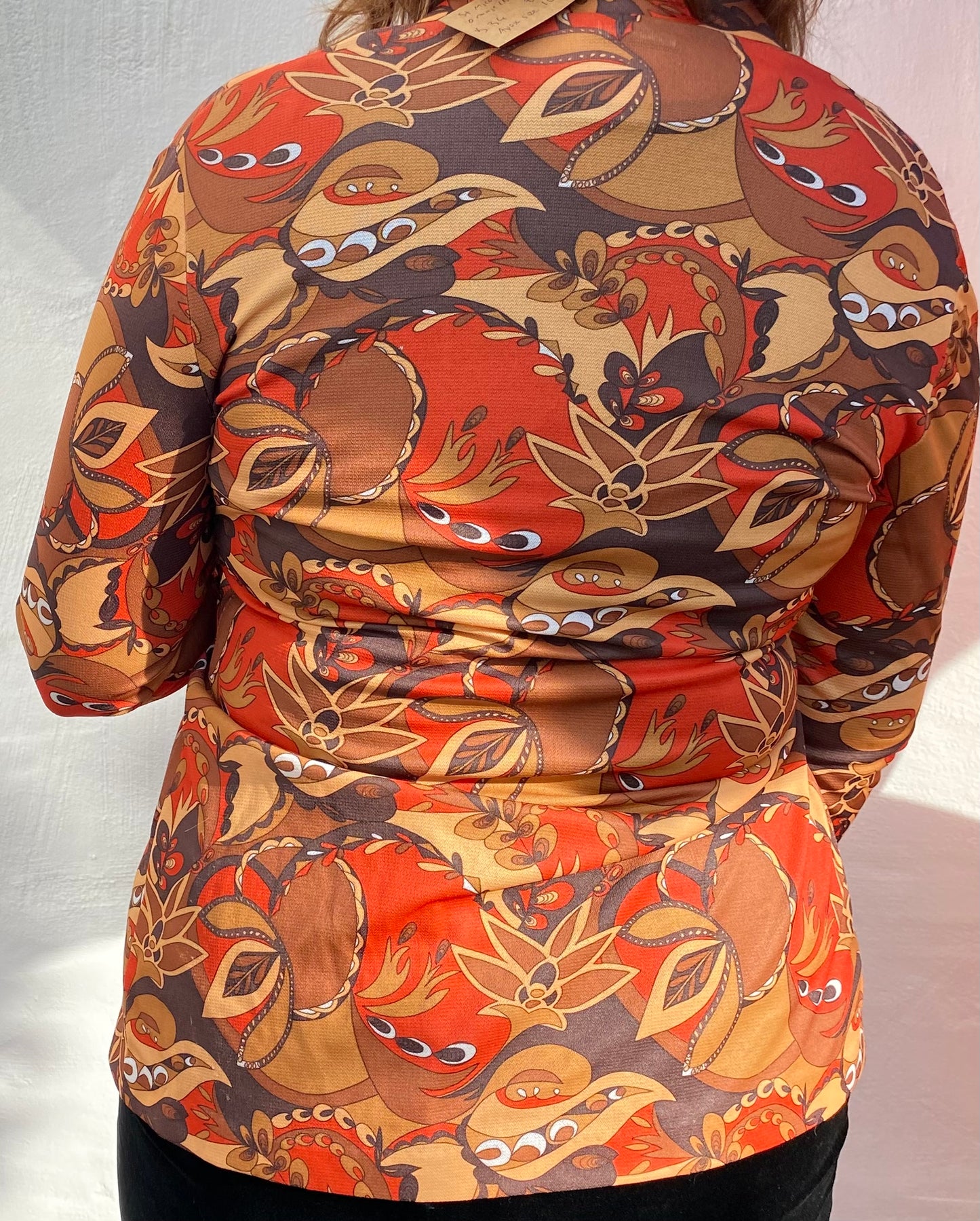 Vintage 70s orange brown St Michael polyester shirt collarless psychedelic print size 10