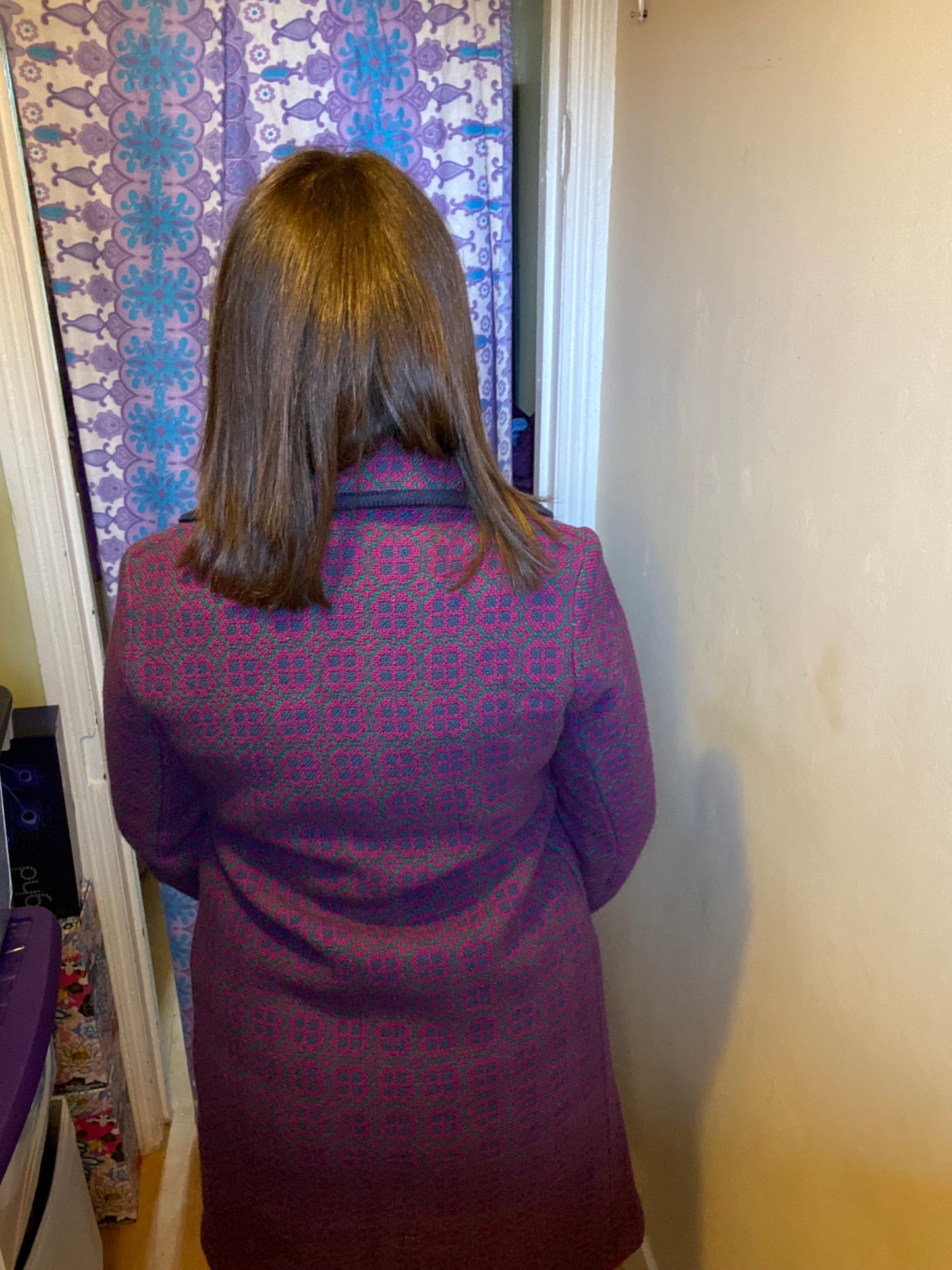 Vintage Welsh Wool Tapestry coat purple blue size 10 Eclipse geometric print pockets