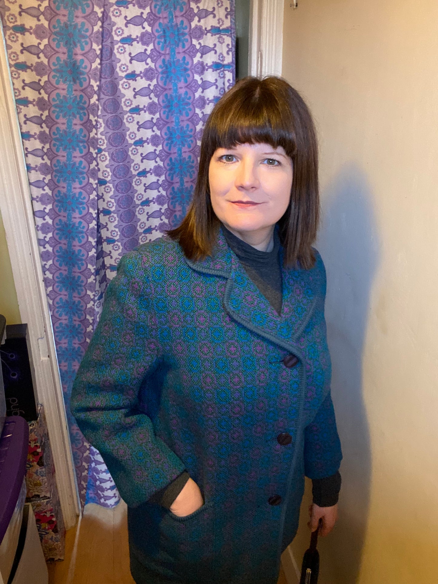 Vintage 60s Welsh wool Tapestry pea coat blue turquoise pink size 14 pockets