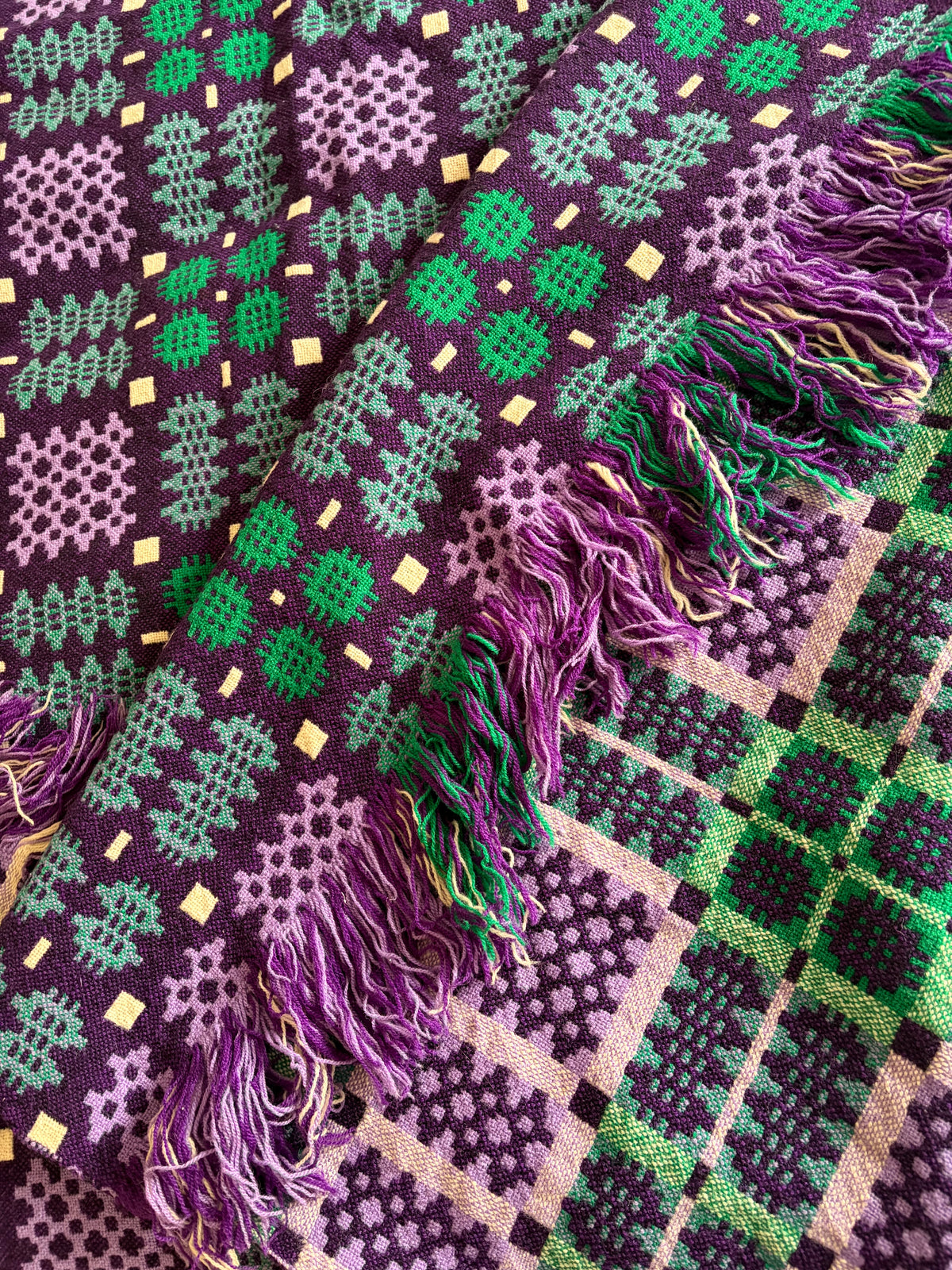 Vintage Welsh Wool Tapestry blanket Derw green purple blue VGC double portcullis pattern