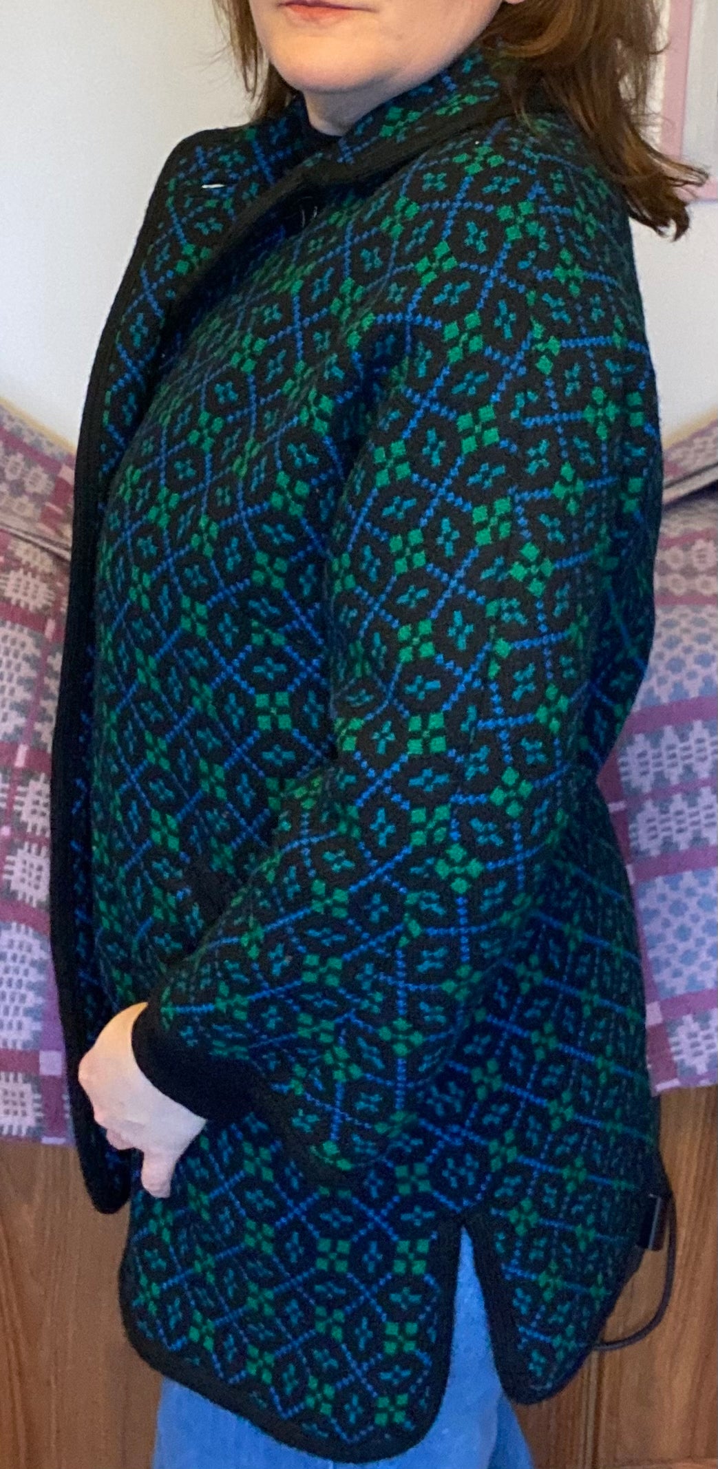 Vintage Welsh Wool Tapestry coat blue teal size 16 geometric print green