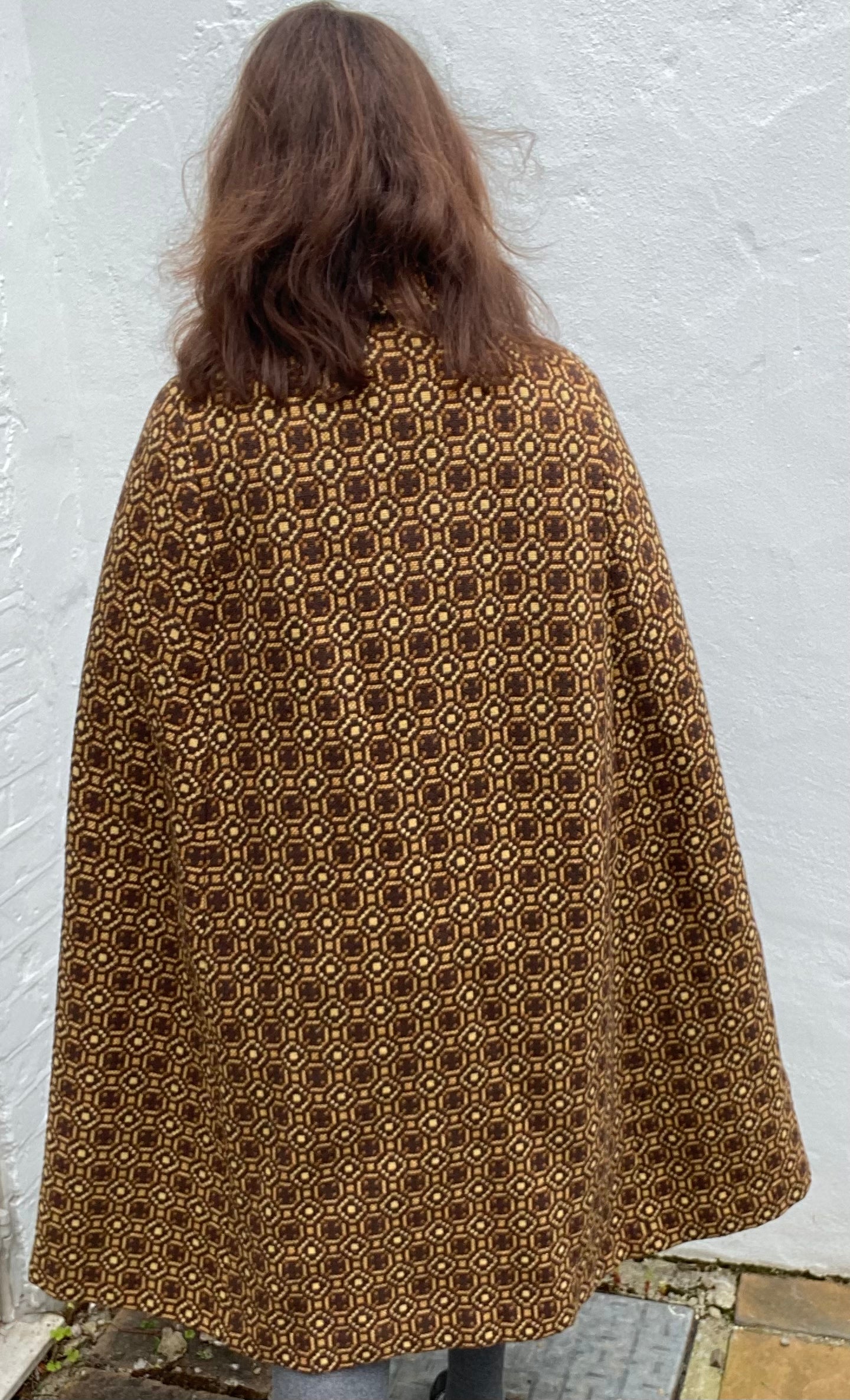 Vintage brown print long Welsh Wool Tapestry cape metal buttons size L