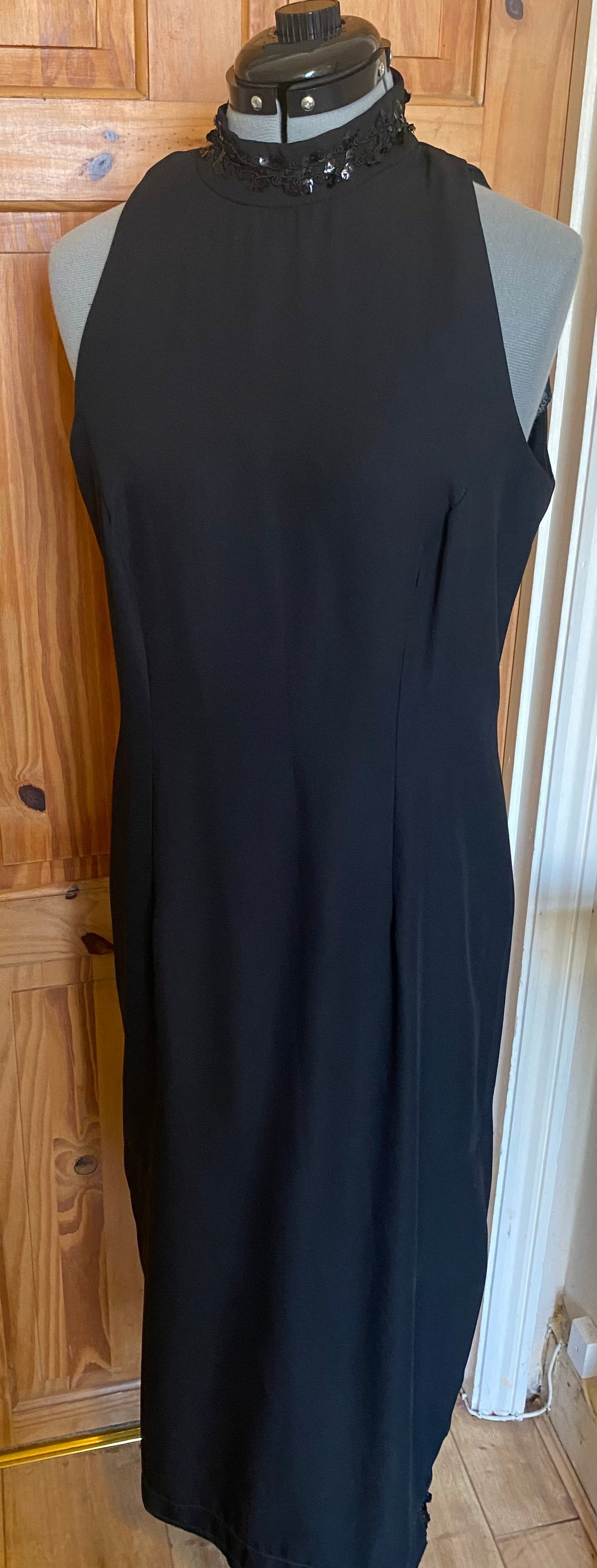 Vintage 80s Sequin polyester black high neck H&M evening dress sleeveless size 12