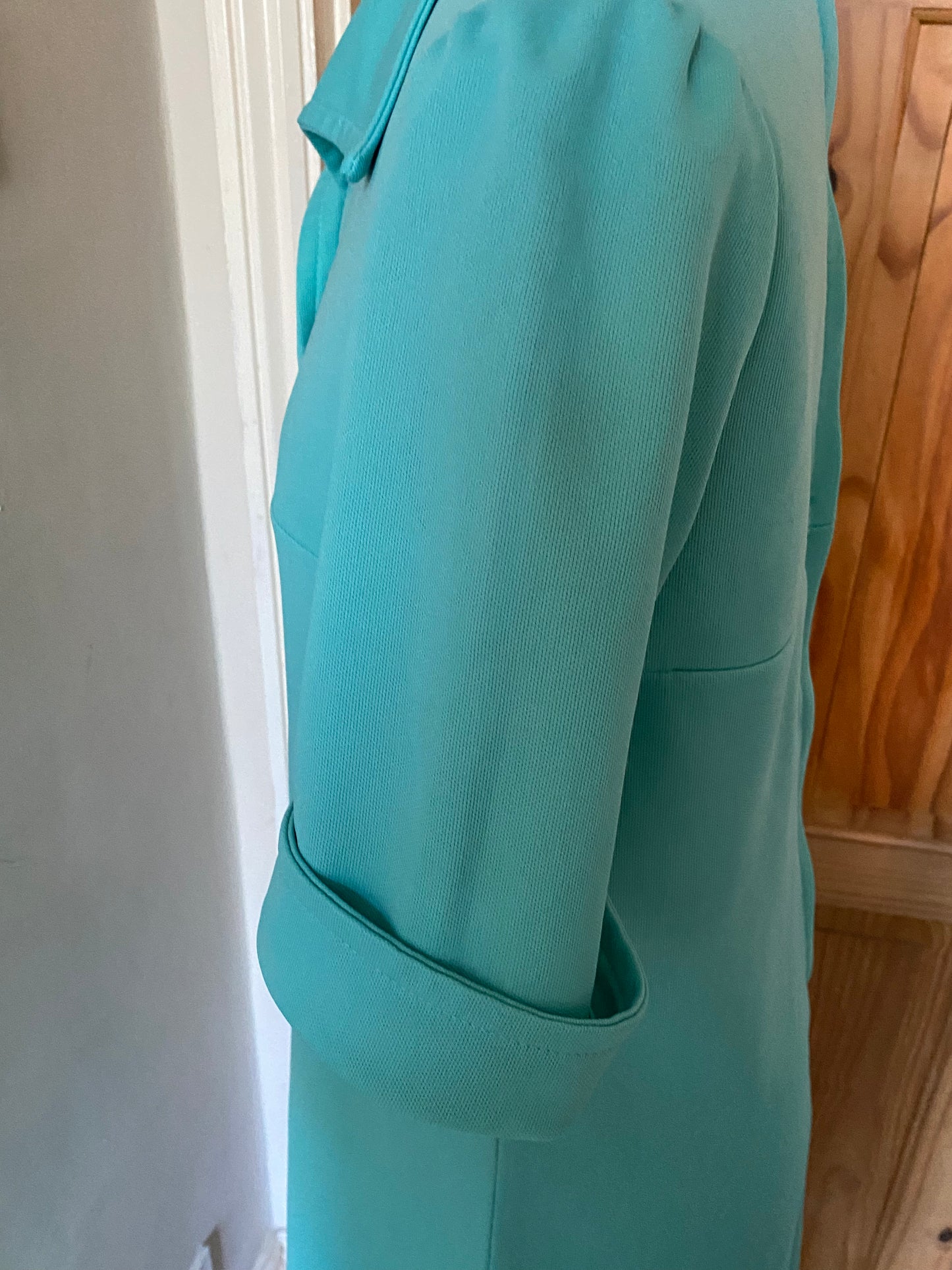 Vintage turquoise aqua blue 70s short sleeve polyester collar dress by Linzi size 14 16